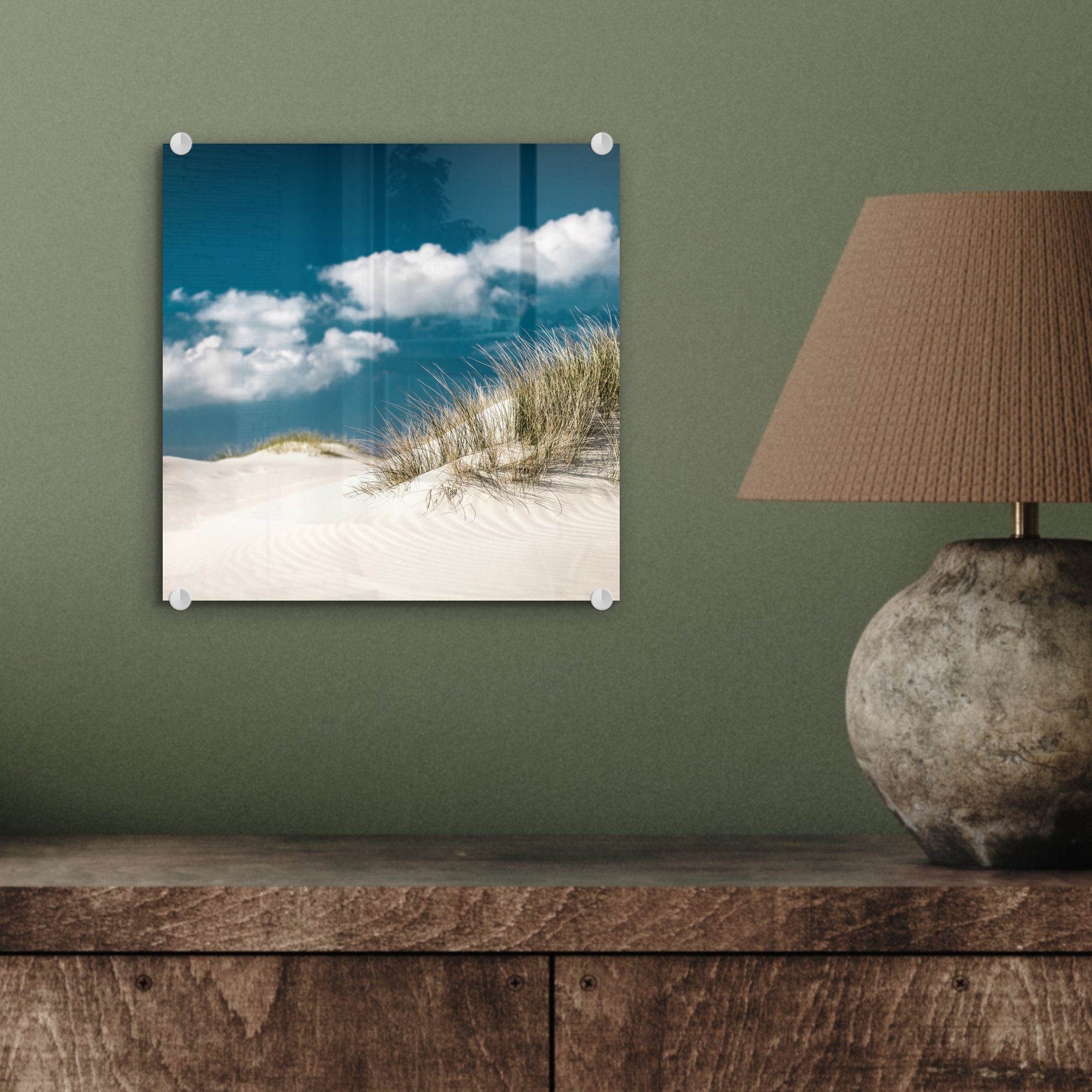 MuchoWow Acrylglasbild Dünen Wanddekoration Bilder Glasbilder St), auf - - Glas Foto auf - - Strand Gras, Wandbild - (1 Glas