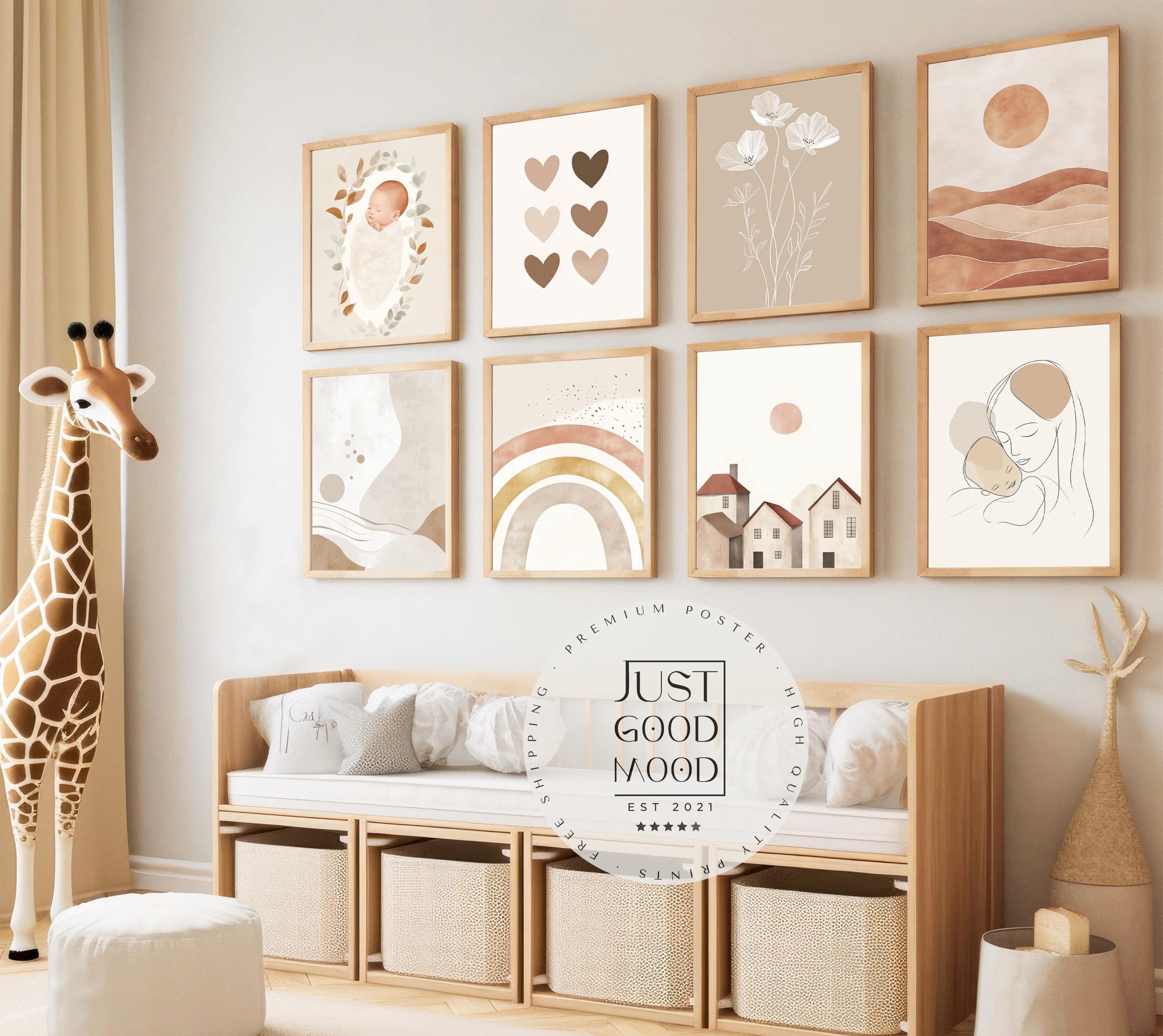 JUSTGOODMOOD Poster Boho Babyzimmer Regenbogen Herzen Blumen Sonne Häuser MutterKind Scand, (1 St)