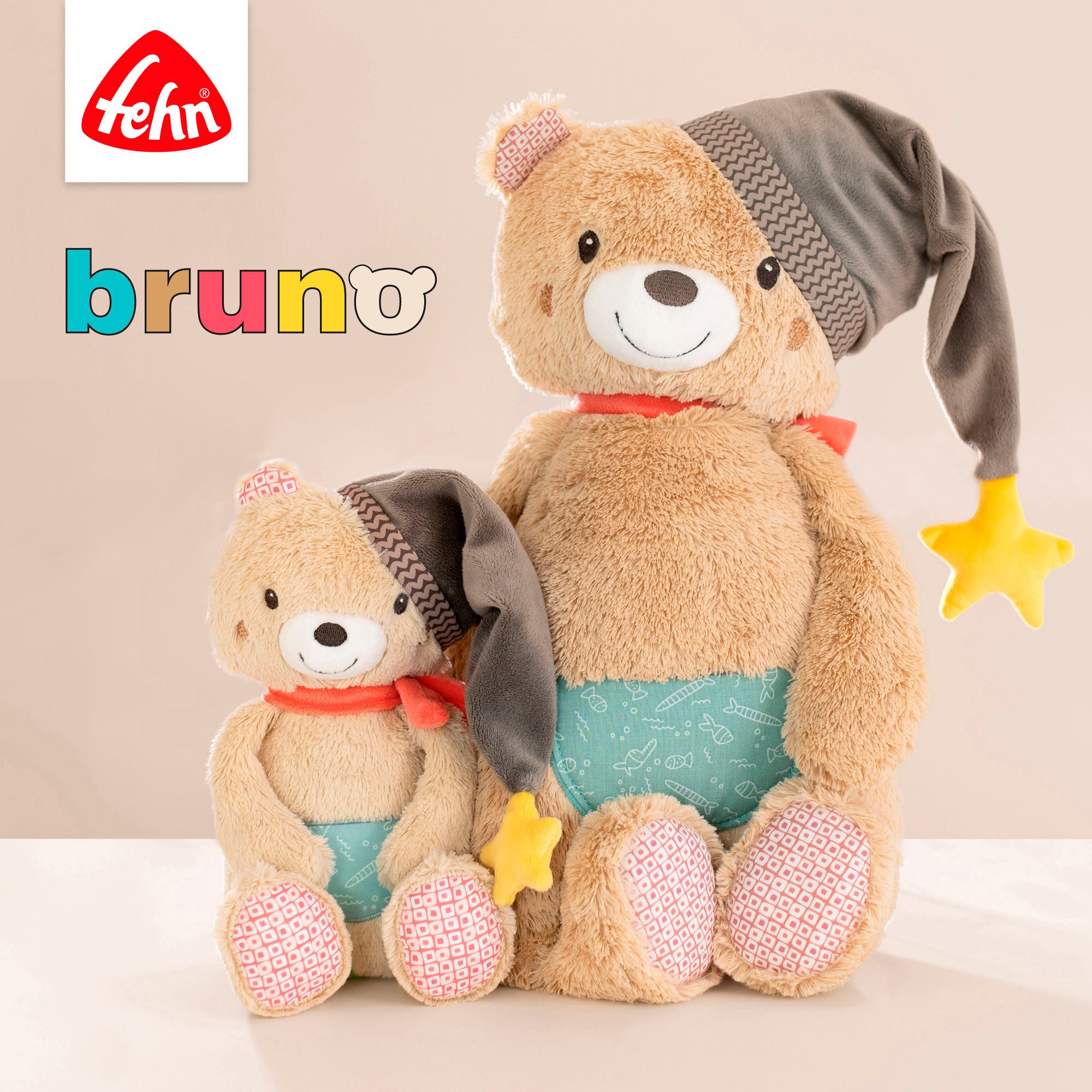 Fehn Greifspielzeug Bruno, Stoffbuch, mit Ring zur Befestigung an Kinderwagen, Babyschale oder Bett