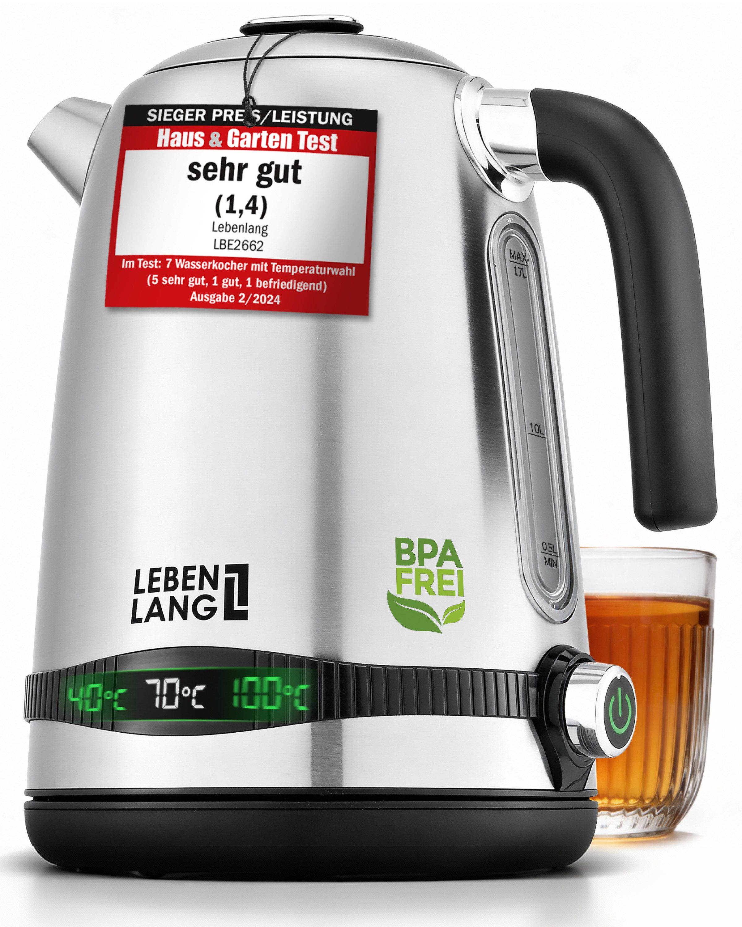 Lebenlang Wasserkocher Edelstahl mit Warmhaltefunktion - Preis-/Leistungssieger, 1.7 l, 2200,00 W, Präzise Temperaturregelung, Digitale Anzeige, BPA-frei, 360-Grad-Basis