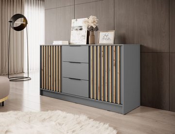 MOEBLO Kommode JOHN 3D (dekorative Lamellen Schrank Sideboard mit 2 Türen und 3 Schubladen, Moderne Wohnzimmer Schlafzimmer Möbel Kommode für Wohnzimmer), (BxHxT): 155x86x45 cm