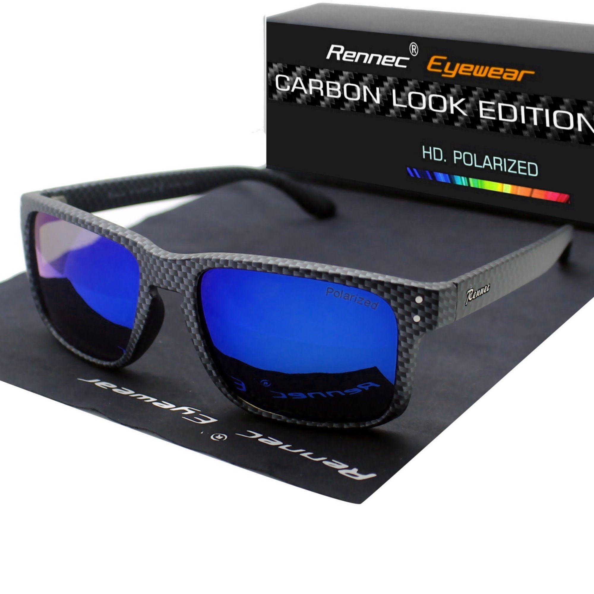 Rennec Sonnenbrille Herren Polarisiert Rechteckig Carbon Optik mit Hardcase Gläser UV400 Getönt oder Verspiegelt, Edelstahl Bügelgelenke 3in2 – Bild 2 von 5