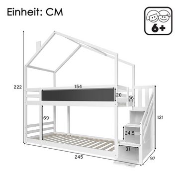 BlingBin Etagenbett Kinderbett Hochbett 90 x 200 cm (1-St., mit Schornstein &Speicherung und Rausfallschutz), mit Magnetbeschlägen und geschwungenen Griffen, inkl.Tafel