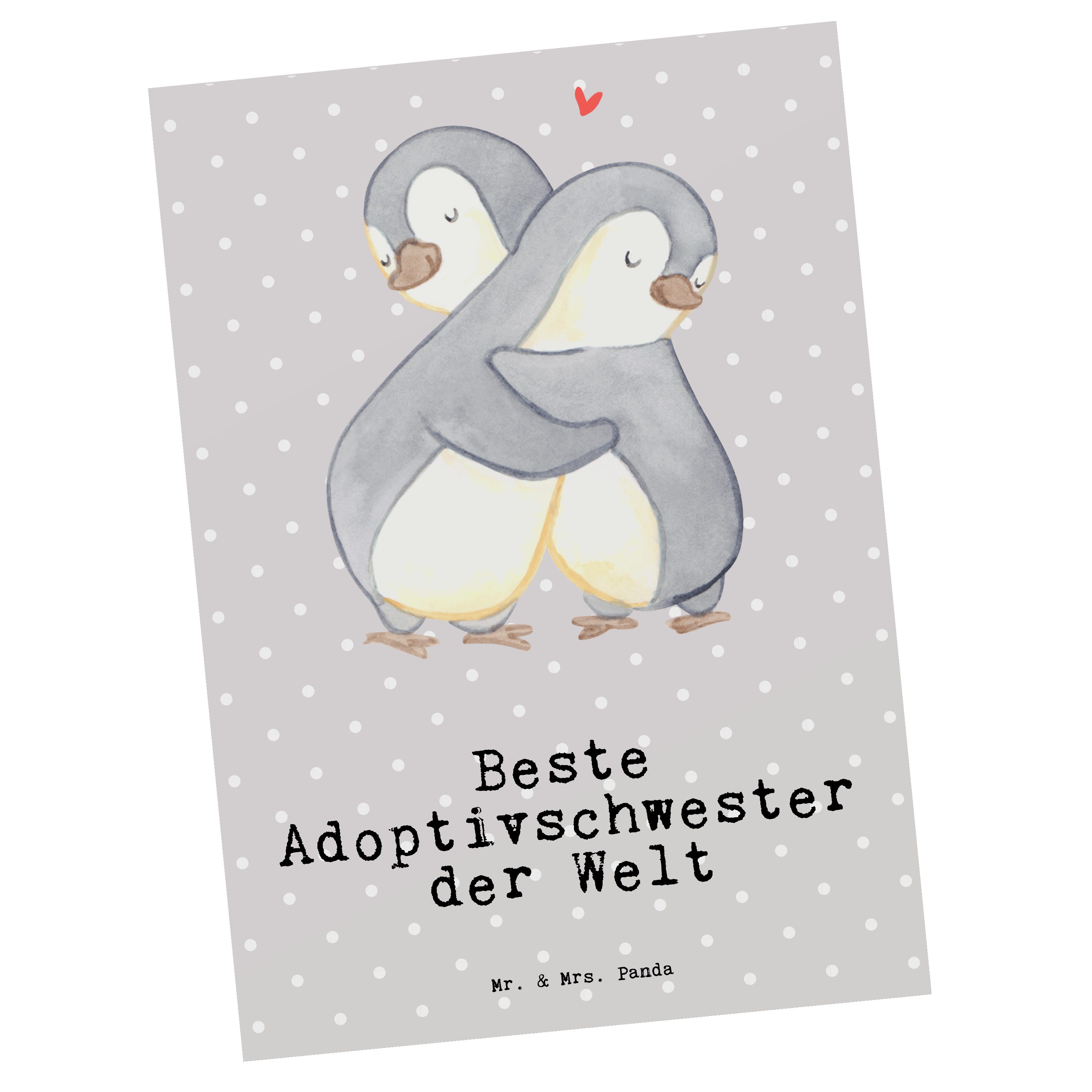 Mr. & Mrs. Panda Postkarte Pinguin Beste Adoptivschwester der Welt - Grau Pastell - Geschenk, Ge