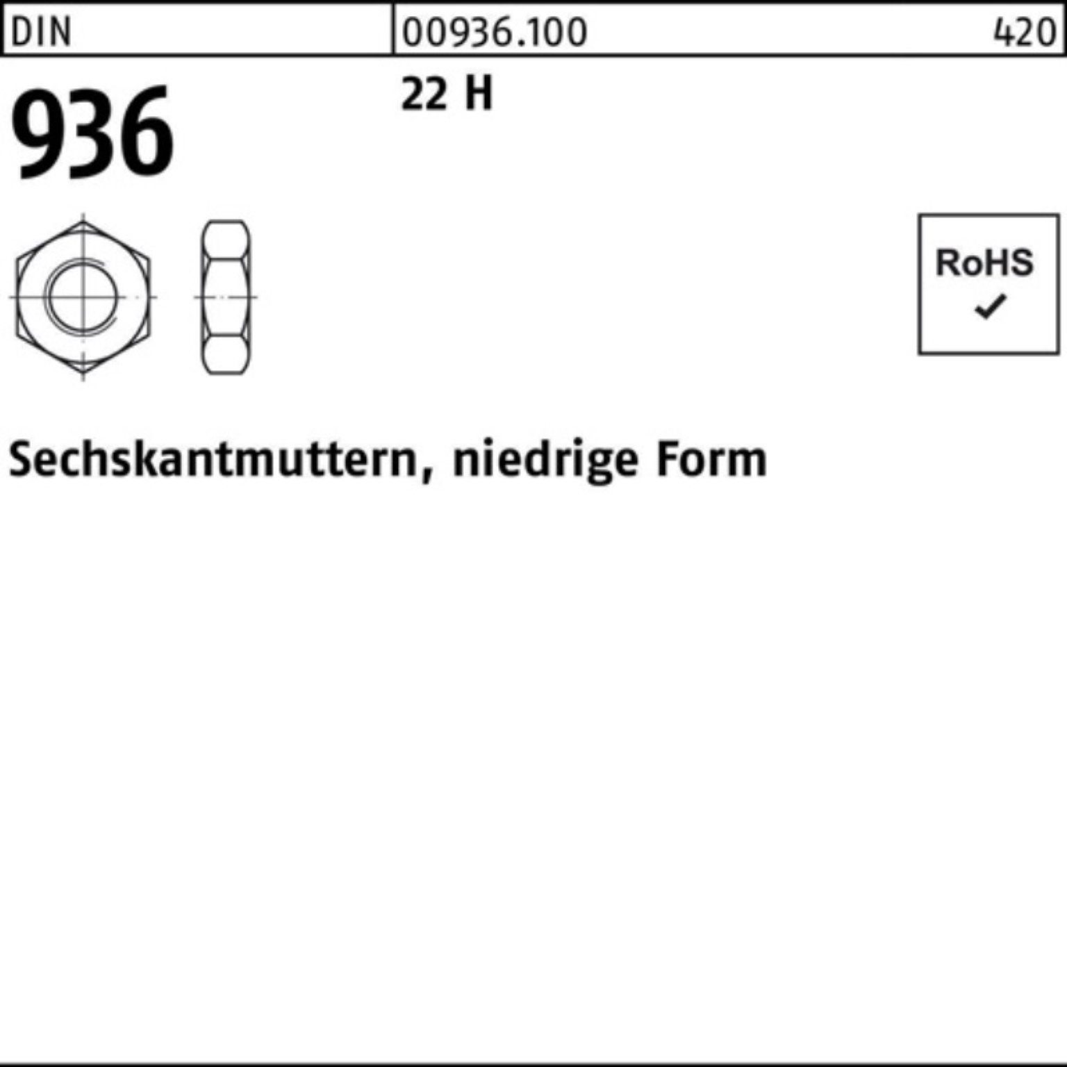 100 Stück H Reyher Se 22 M16 936 100er 936 Muttern Pack DIN Sechskantmutter 22 DIN H