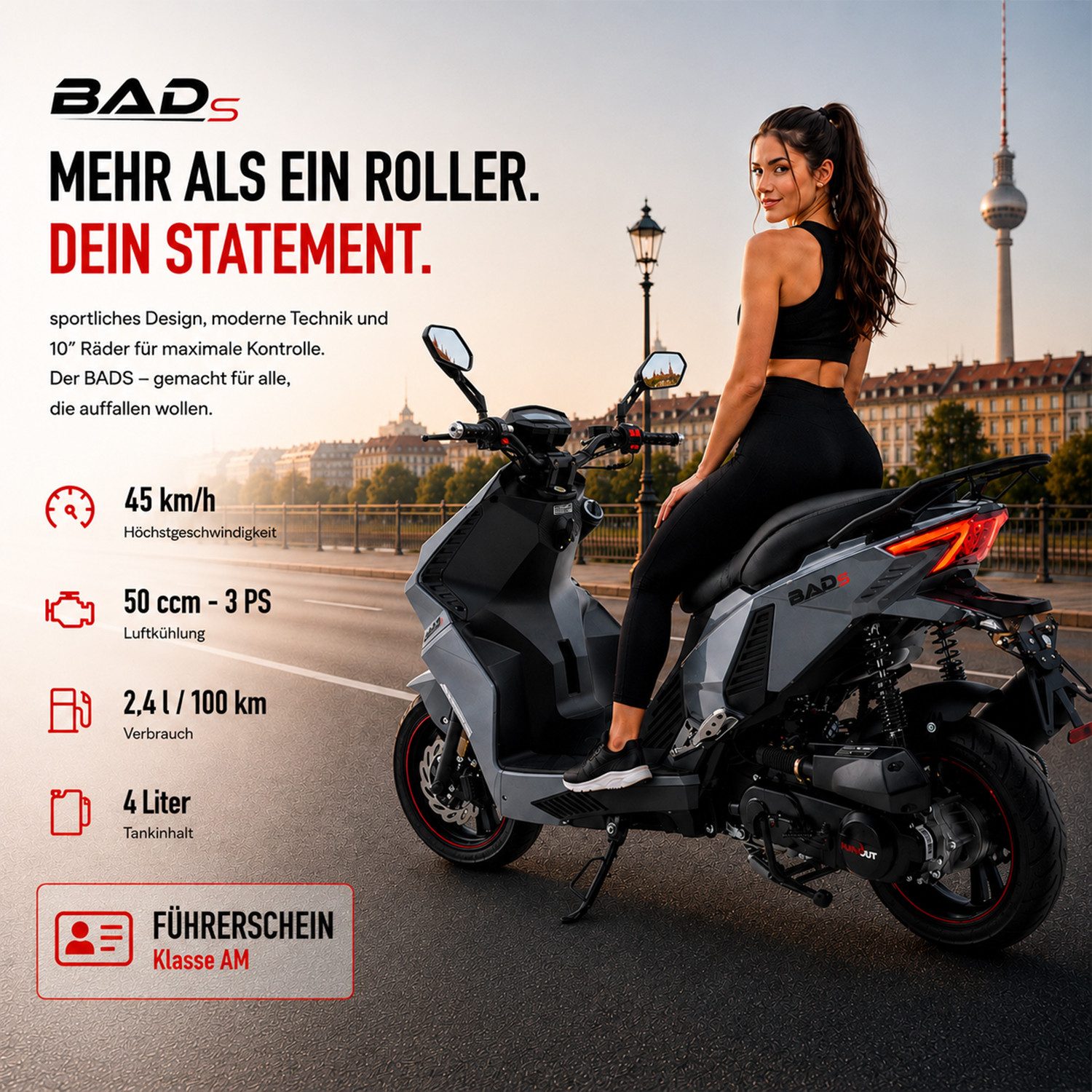 Burnout Motorroller BAD s Grau, 50 ccm, 45 km/h, Euro 5, Keyless-Go, Alarmanlage, LED-Beleuchtung