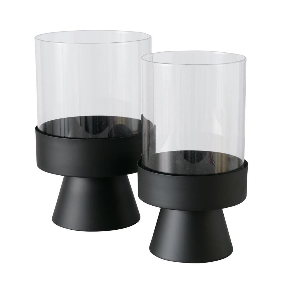 BOLTZE Windlicht Kerzenhalter Pallas 2er Set Metall schwarz, skandinavisch, pulverbeschichtet, mit Klarglas, Wohnzimmerdeko