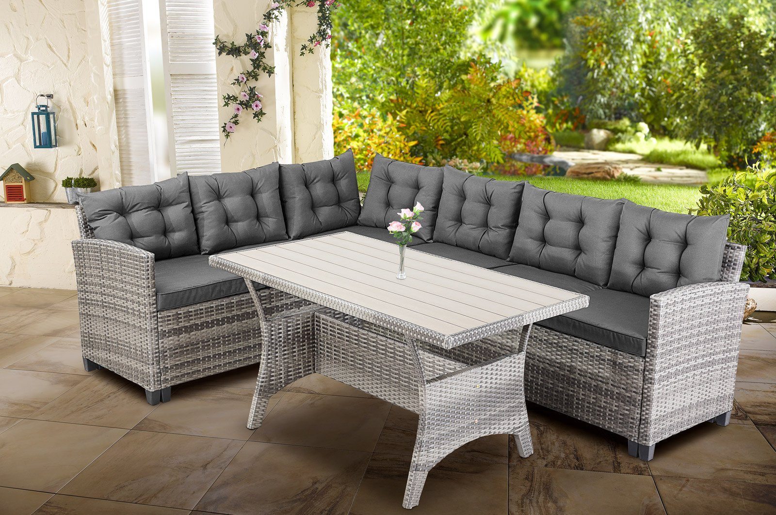 Casaria Gartenlounge-Set Lissabon, Polyrattan WPC Esstisch günstig online kaufen