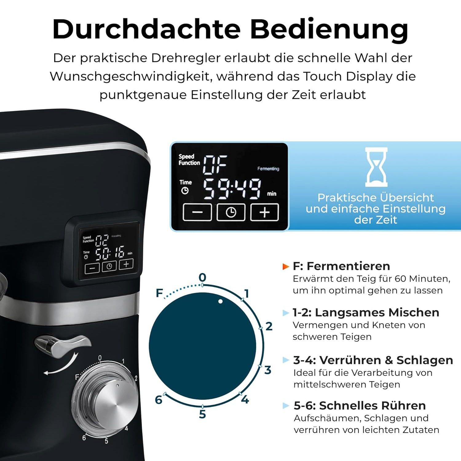 KLAMER Küchenmaschine 1400W, Knetmaschine mit 5,5 Liter Edelstahl Schüssel, 6 Geschwindigkeitsstufen mit Timer, Rührbesen, Knethaken, Schneebesen und Spritzschutz, schwarz, 1400 W, 5,5 l Schüssel, Spritzschutz, 3 Aufsätze, Saugfüße, digitales Display, Timer