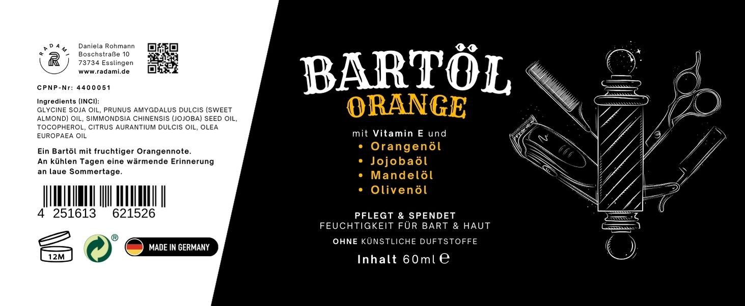 Radami Bartöl Bartöl Orange 60 ml Bartpflege mit Jojobaöl, Mandelöl und Olivenöl