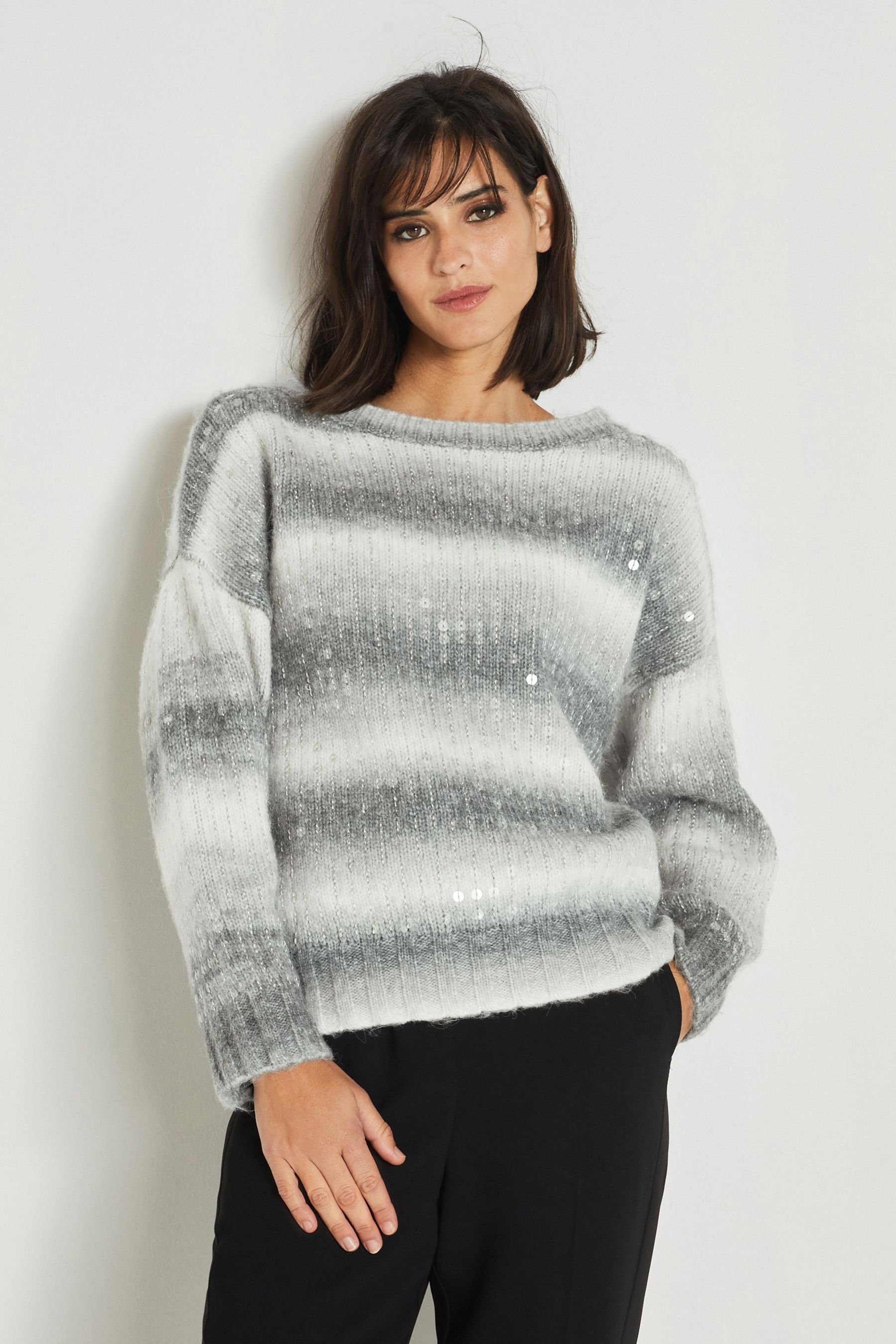 Gestreifter Pailletten Spacedye-Pullover Grey (1-tlg) mit Streifenpullover Next