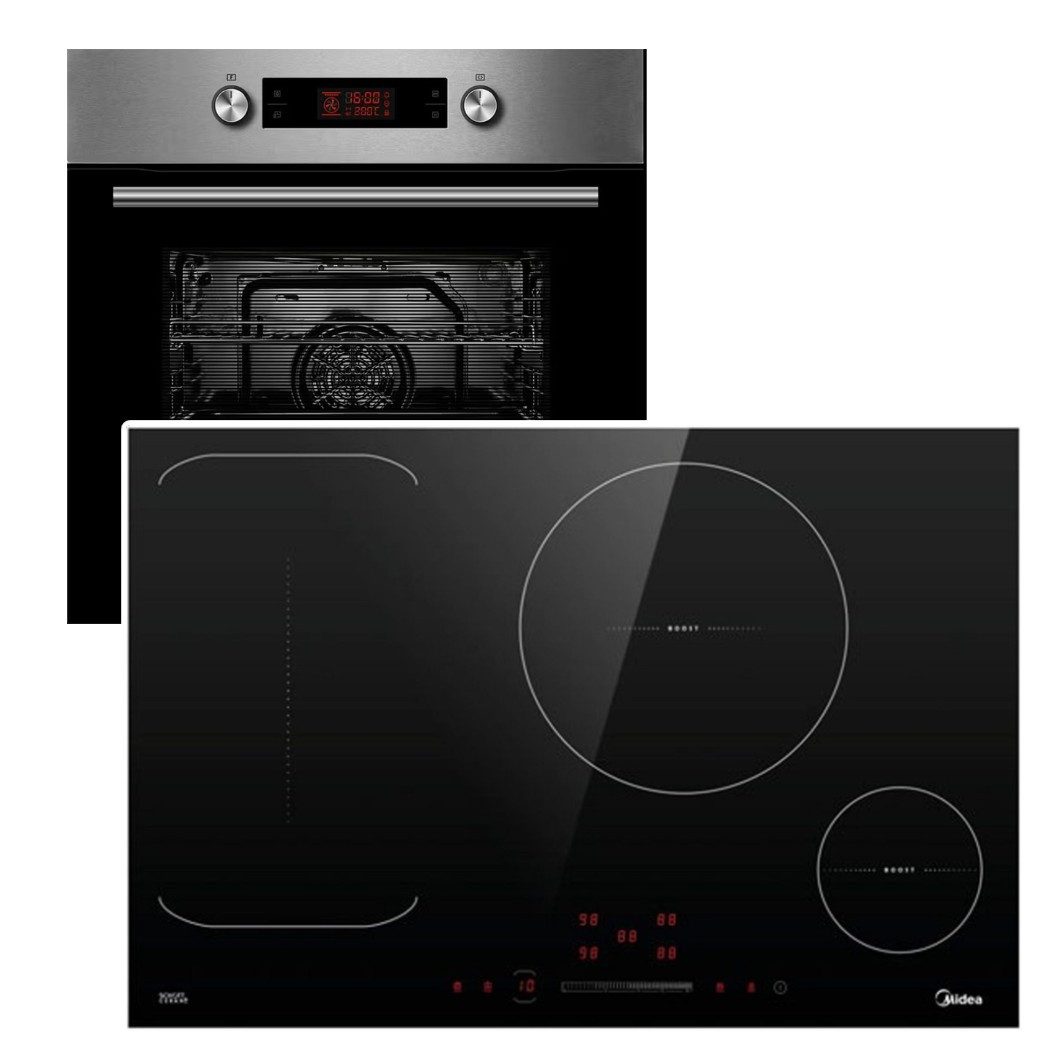 Midea Backofen-Set Pyrolyse Teleskopauszug + Induktionskochfeld 77cm Flex Boost Touch, mit 1-fach Teilauszug, Pyrolyse-Selbstreinigung