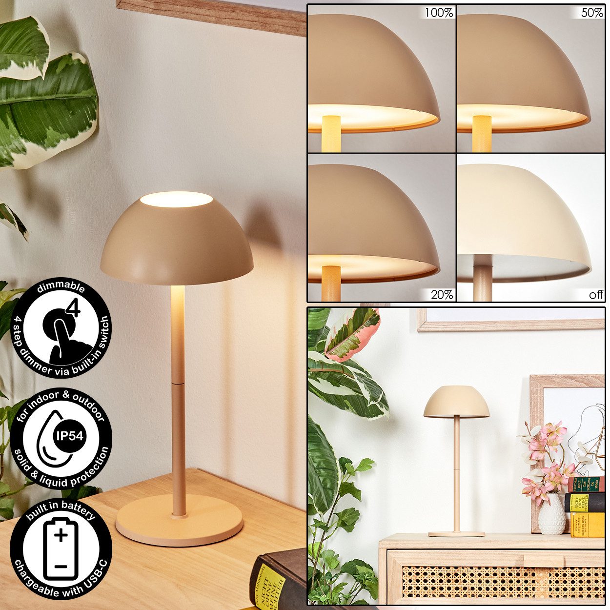hofstein Tischleuchte Tischlampe aus Metall/Kunststoff in Beige/Weiß, dimmbare Tischleuchte mit Akku, Touchdimmer, Memoryfunktion, IP54