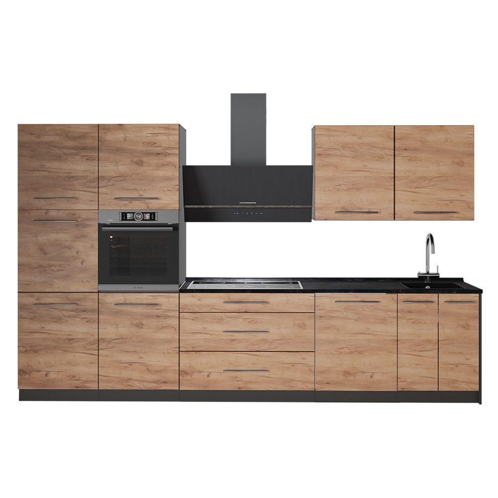 Küchenzeile Fame-Line, Goldkraft Eiche/Anthrazit, 340 cm, AP Anthrazit