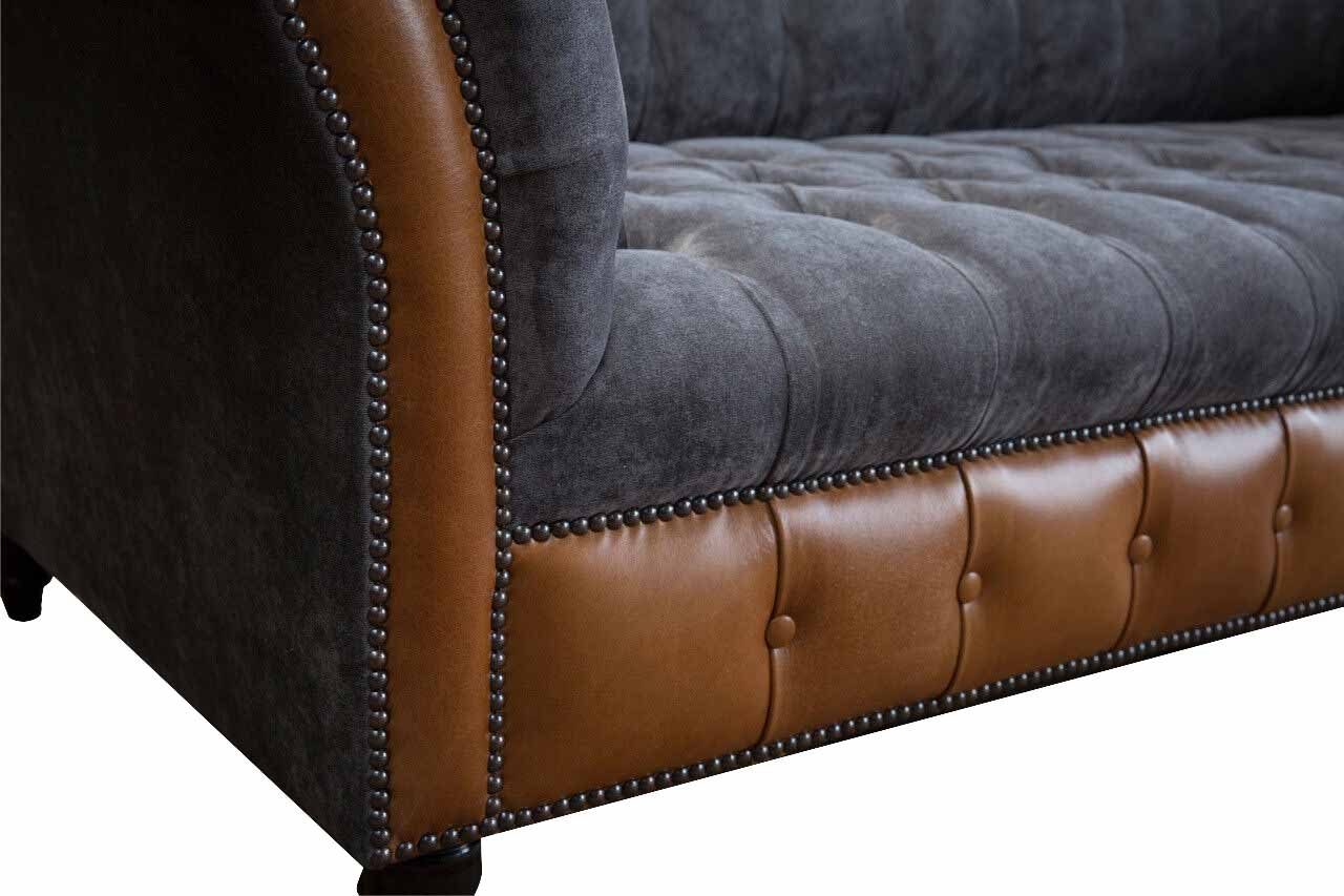 JVmoebel Chesterfield-Sofa 3-SITZER-SOFA AUS VINTAGE-LEDER BRAUNEM GRAUEM SAMT UND