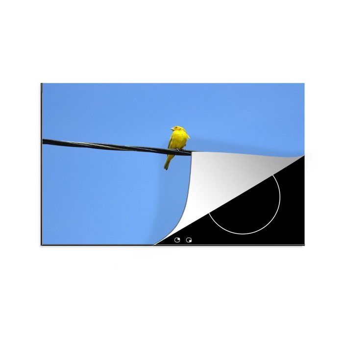 MuchoWow Herdblende-/Abdeckplatte Gelber Kanarienvogel auf einer Stromleitung am Himmel Vinyl (1 tlg) Ceranfeldabdeckung für die küche Induktionsmatte