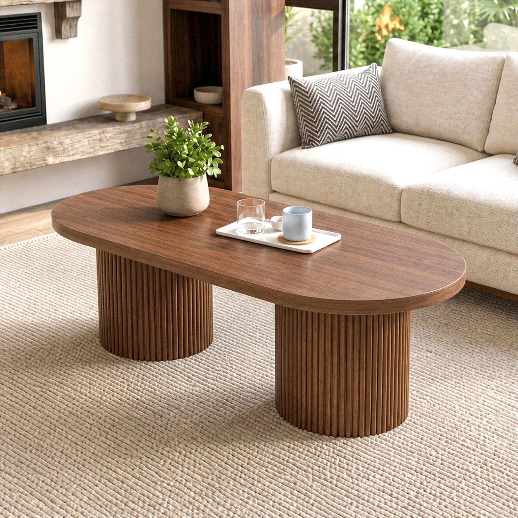 Merax Couchtisch Ovaler Satztisch Beistelltisch Kaffeetisch (1-St), Wohnzimmertisch mit römischer Säulenbasis, 100x50x35cm