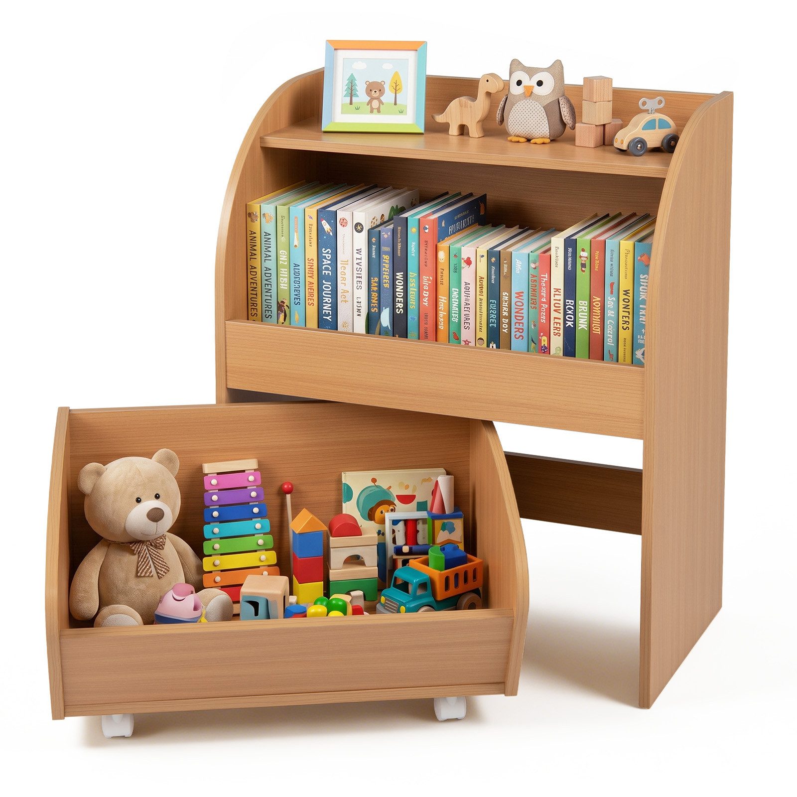 COSTWAY Kinderregal, Bücherregal Kinder aus Holz mit Schublade auf Rollen