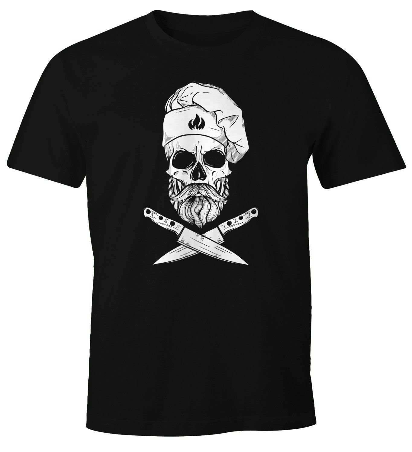 MoonWorks Print-Shirt Herren T-Shirt Grillen Koch Totenkopf Messer Hipster Skull Chef Grill-Shirt Moonworks® mit Print schwarz