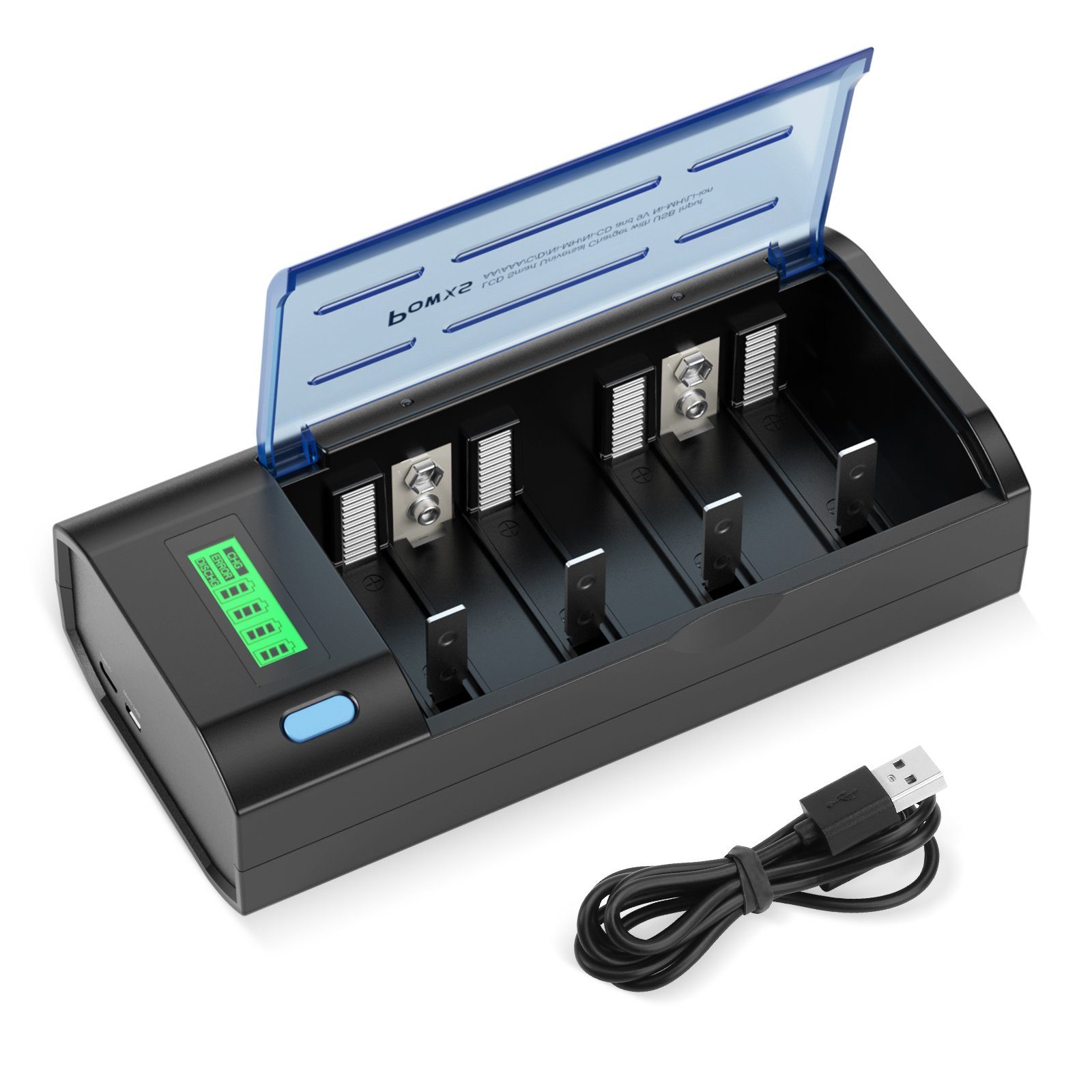 POWXS Akku Ladegerät, Universal USB Schnell Akkuladegerät, mit LCD-Anzeiger Batterie-Ladegerät (1-tlg., für AA/AAA/C/D/9V NI-MH/NI-CD Wiederaufladbare Batterien)