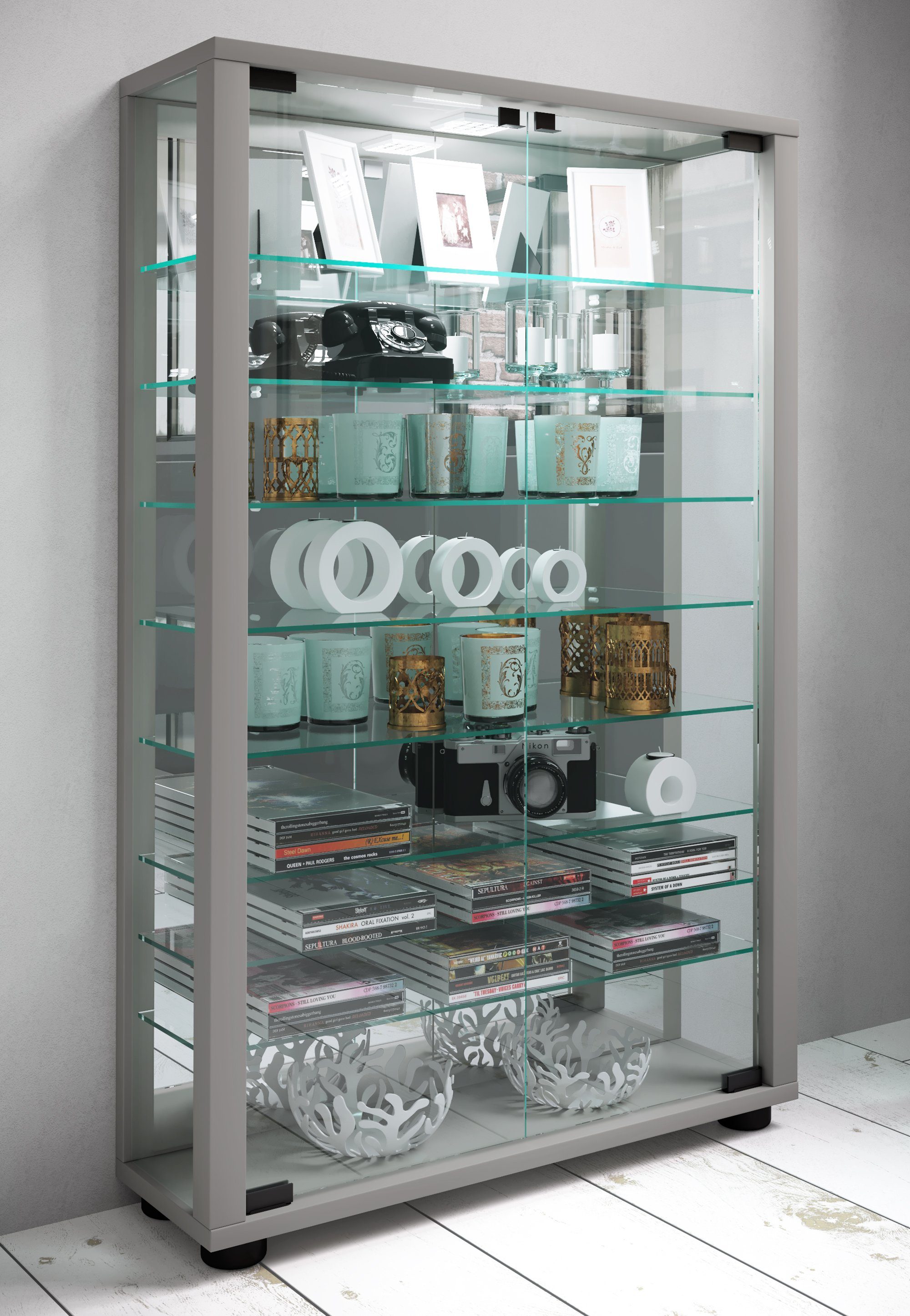 VCM Standvitrine Glasvitrine Lumo mit Glastüren, Spiegel und Glasvitrine stehend, Modern und platzsparend, Glasschrank