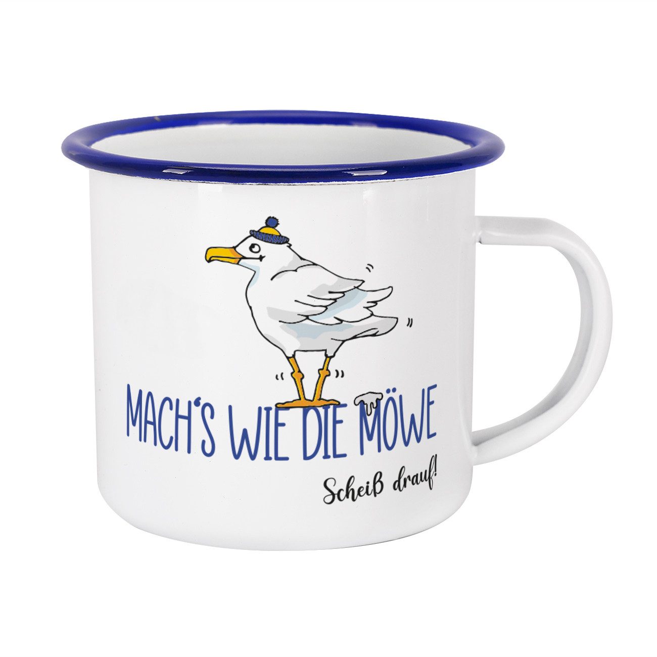 Herz & Heim Tasse mit lustigem Motiv „Mach's wie die Möwe – Scheiß drauf!“, Metall