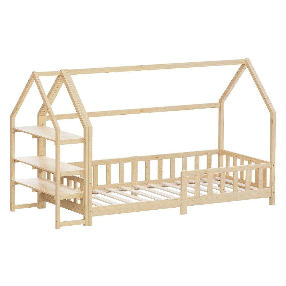 ML-DESIGN Spielbett Hausbett Kinderbett inkl. Lattenrost und Regal Bodenbett für Kinder, Abenteuerbett ohne Matratze 90x200cm Holzbett Natur Kiefer Bettgestell