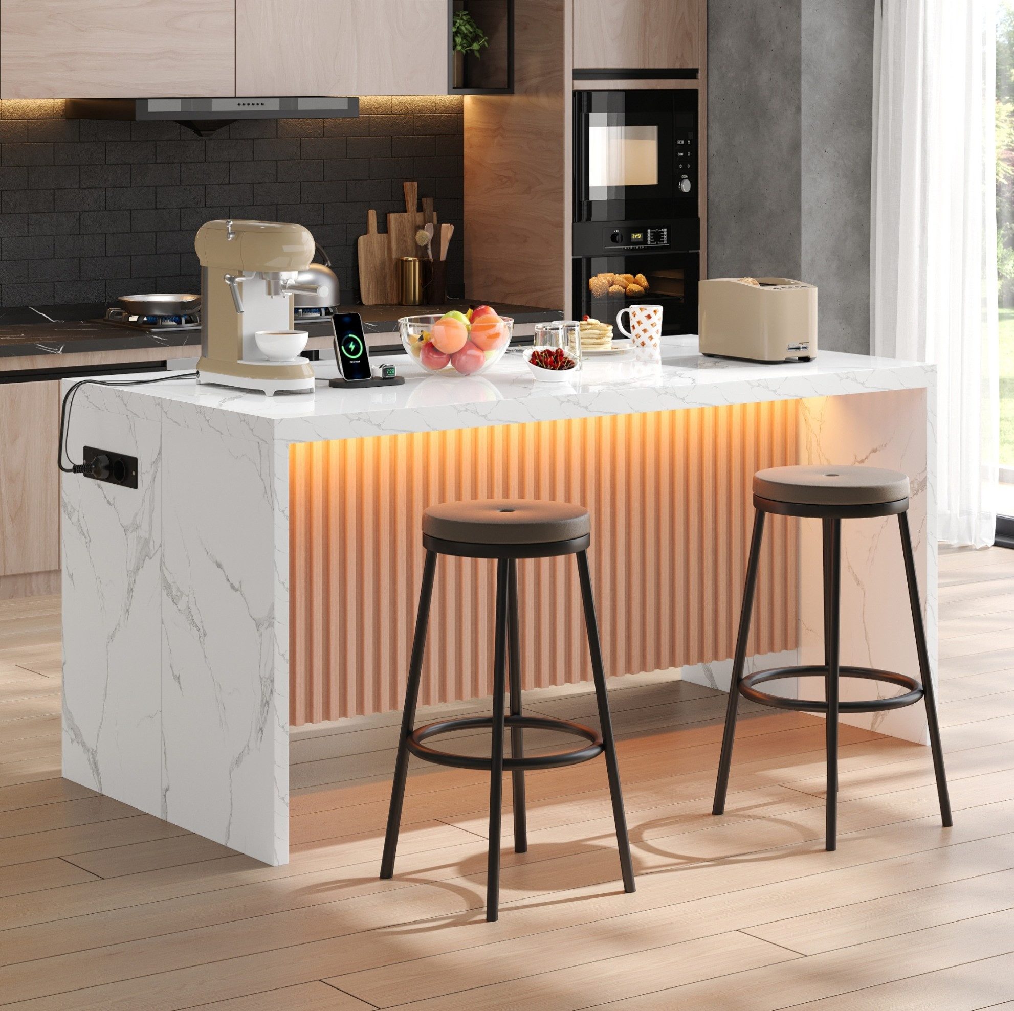 OKWISH Kücheninsel Küchenmöbel mit 2 Steckdosen und 2 USB Anschlüssen, (Arbeitsplatte 40 mm im Industrial Stil für moderne Küche), 155×80×90 cm Küchenblock mit weißer Marmorfront und LED