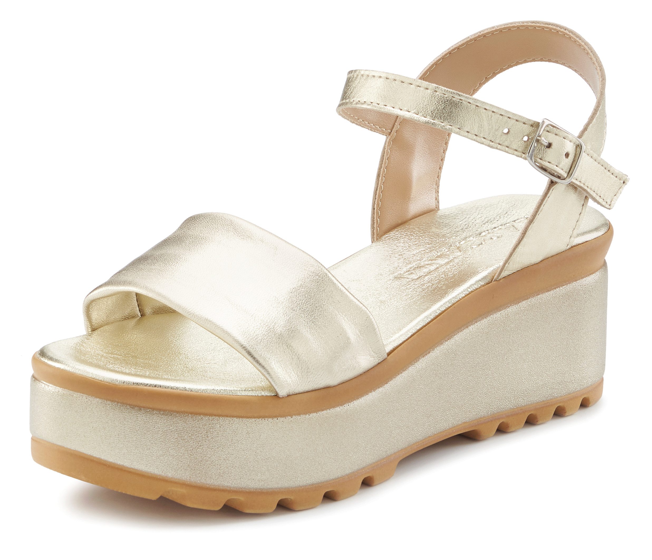 LASCANA Riemchensandalette, Sandale, Sommerschuh, offener Schuh, Sandalette NEU aus Leder mit Keilabsatz