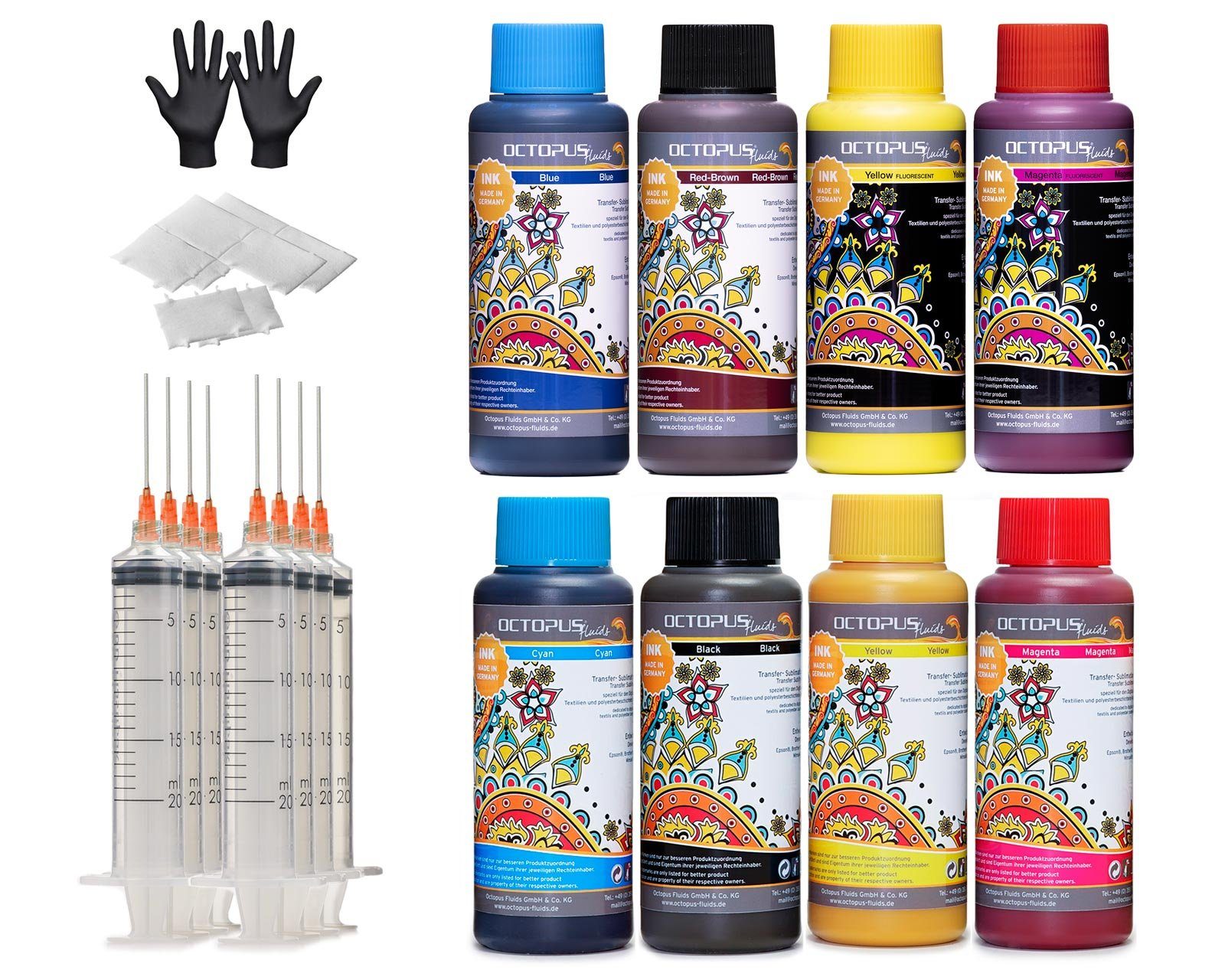 OCTOPUS Fluids Sublimationstinte 8 Farben Nachfülltinte (für Epson / Brother / Roland / Mimaki / Mutoh, Spar-Set, 8x 500 ml)