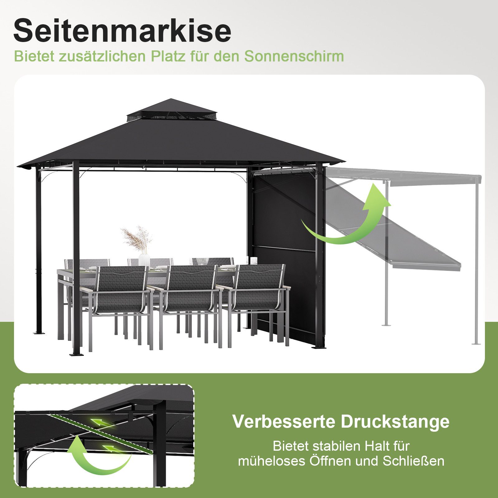 HOMALL Pavillon Extend Grillpavillon, mit 1.8m ausklappbarer Seitenveranda, mit 4 Seitenteilen, (Ausziehbarer Seitenmarkise flexibel verstellbare Schattenflächen), Verstellbarer Pavillon 3–4,7 m, mit Moskitonetz für 6-10 Personen