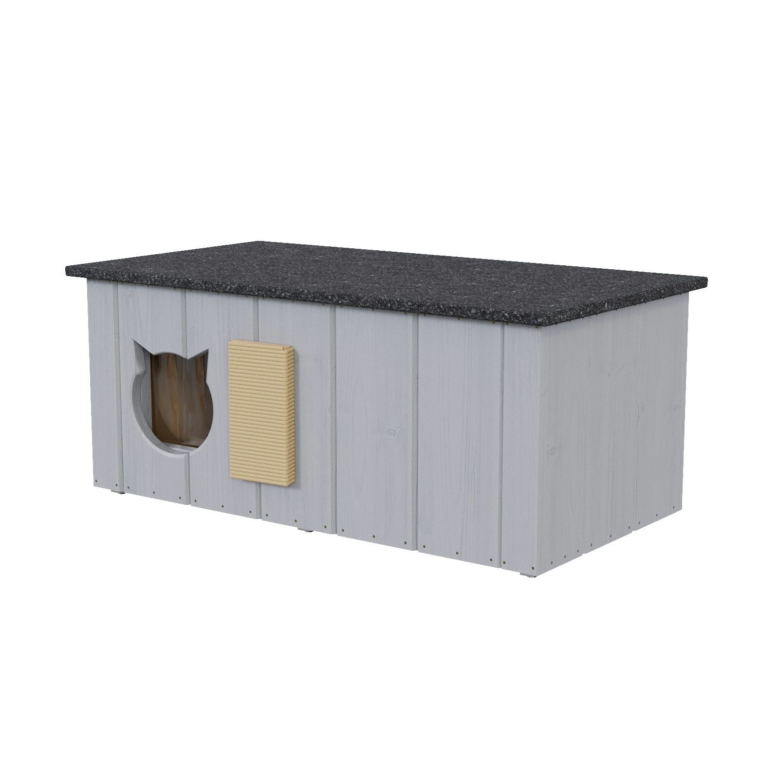QLS Katzenhaus aus Holz Teak mit Vorraum 86x47x37cm, imprägniert wasserfest abwaschbar mit aufklappbarem Dach