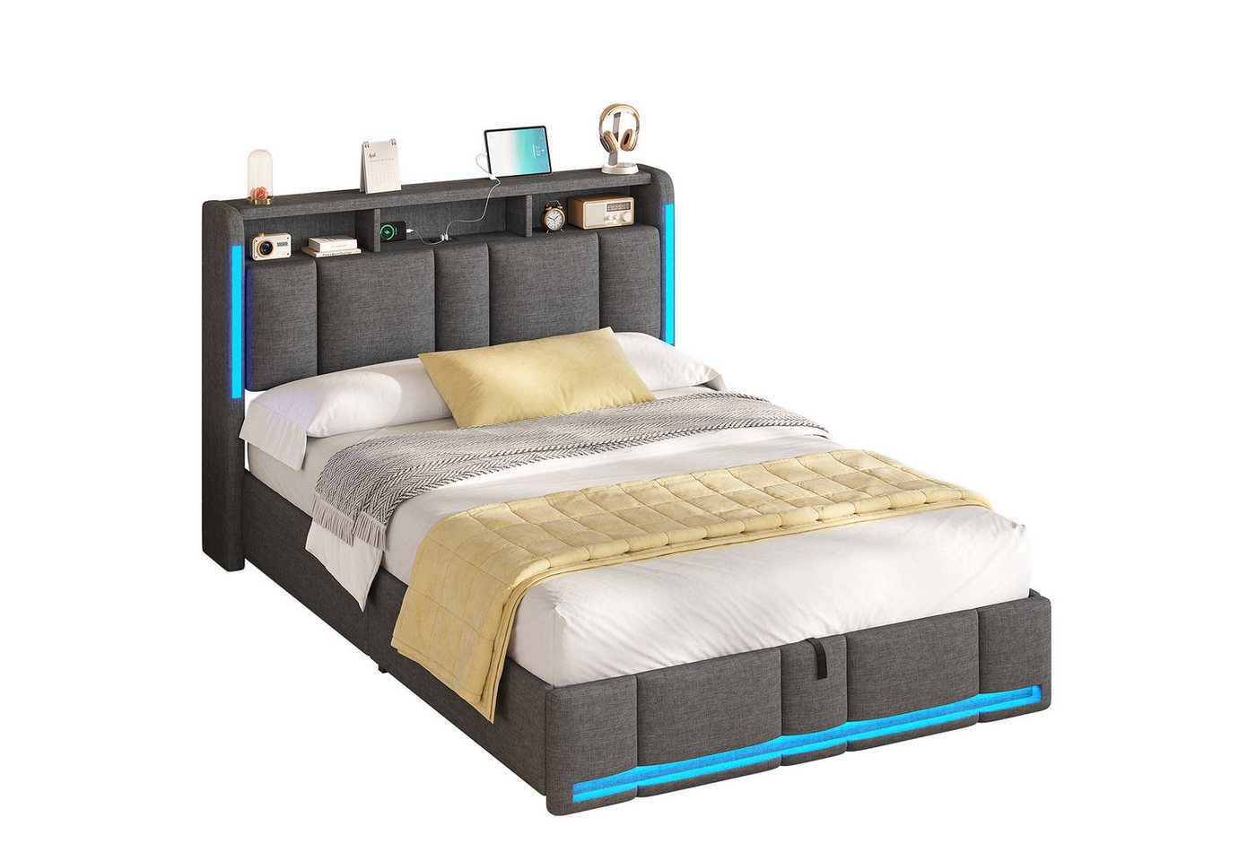 MSMASK Polsterbett mit Steckdosen & LED Beleuchtung, Stauraum und Kopfteil, 150×205 cm, Dunkelgrau, mit Stauraum & LED Beleuchtung