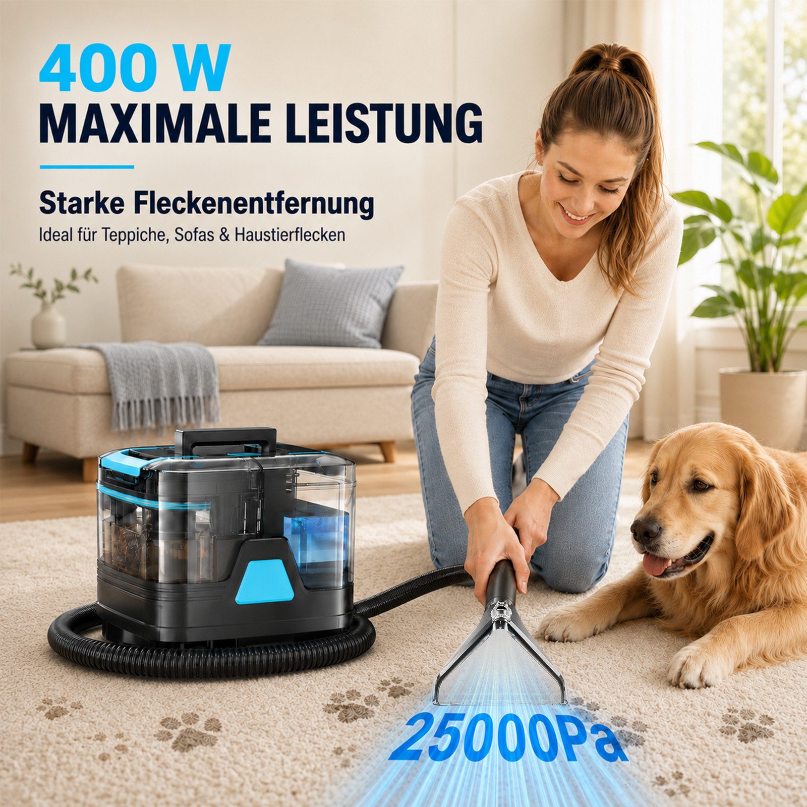 Grenintol Teppichreinigungsgerät 25KPA Waschsauger,Fleckentferner,Teppichreiniger,Polsterreiniger Gerät, 400 W, 5m Kabel + 1,5m Schlauch, 2000ML Frischwasser + 800ML Schmutzwasser, Tragbarerer Fleckenreiniger mit Trenntank-System, Integrierte Zirkulationsreinigungsfunktion, Reinigt und desinfiziert Polster, Teppiche, Autos und Matratzen