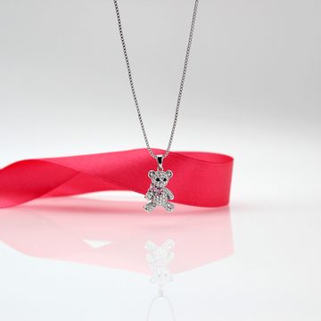ELLAWIL Kette mit Anhänger Halskette mit Teddy Anhänger Rosa Schleife Kette Venezianerkette (Kettenlänge 40 cm, verlängerbar um 6 cm, Edelstahl), inklusive Geschenkschachtel