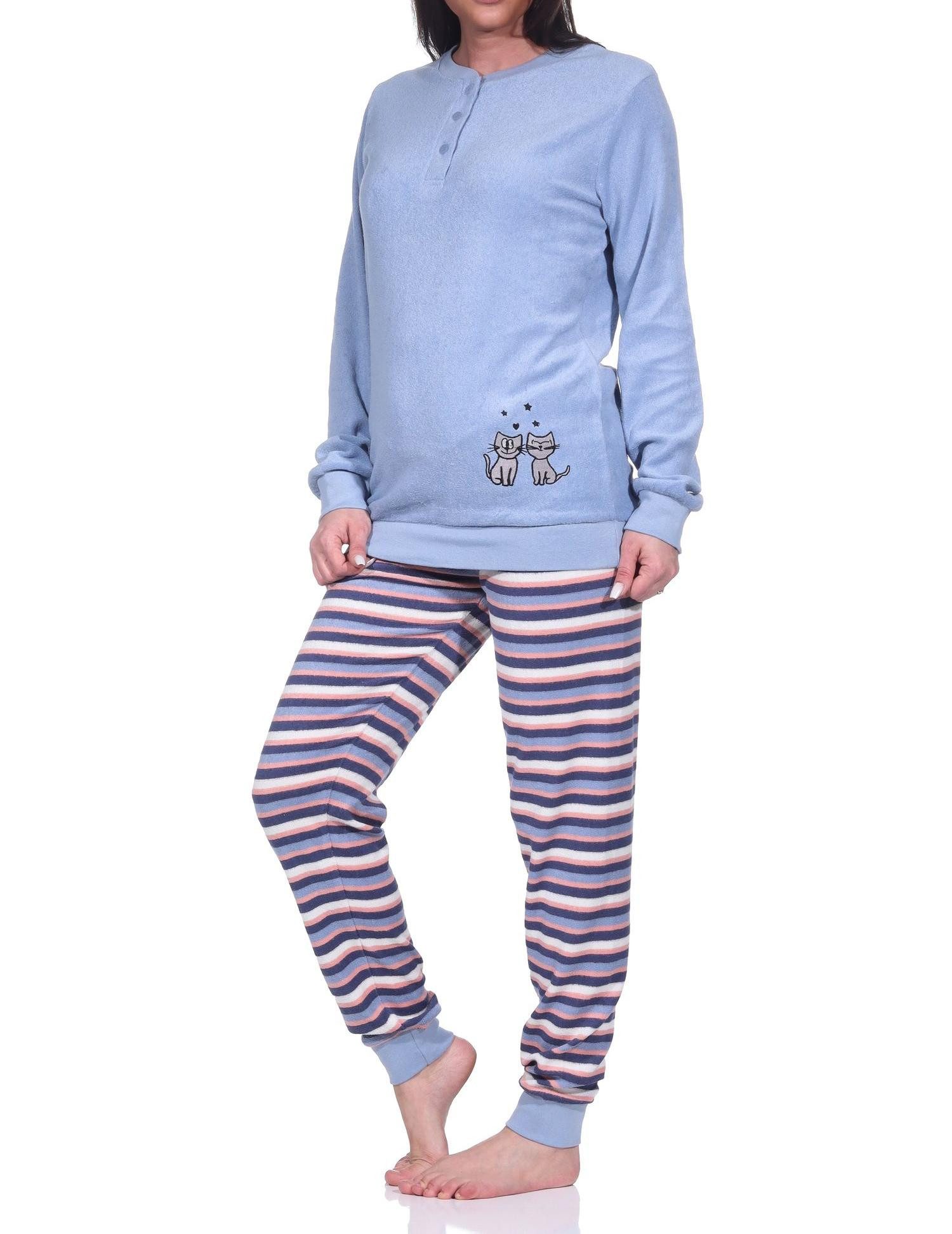 Normann Pyjama Damen Frottee Pyjama, Schlafanzug langarm mit süßem Katzen-Motiv – Bild 3 von 5