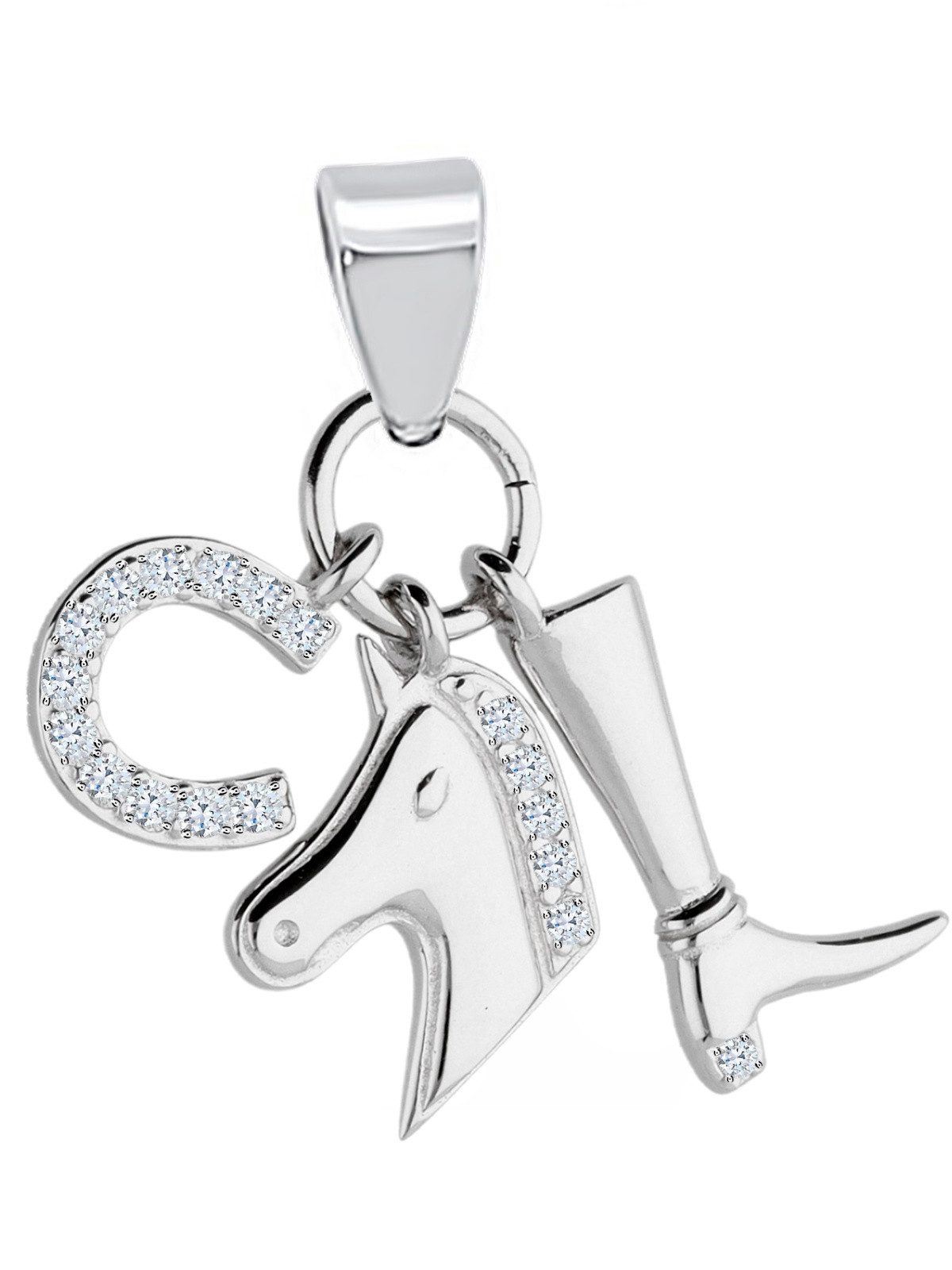 Kettenanhänger Silber Pferd Hufeisen Reiter mit Zirkonia Anhänger 925 Sterling
