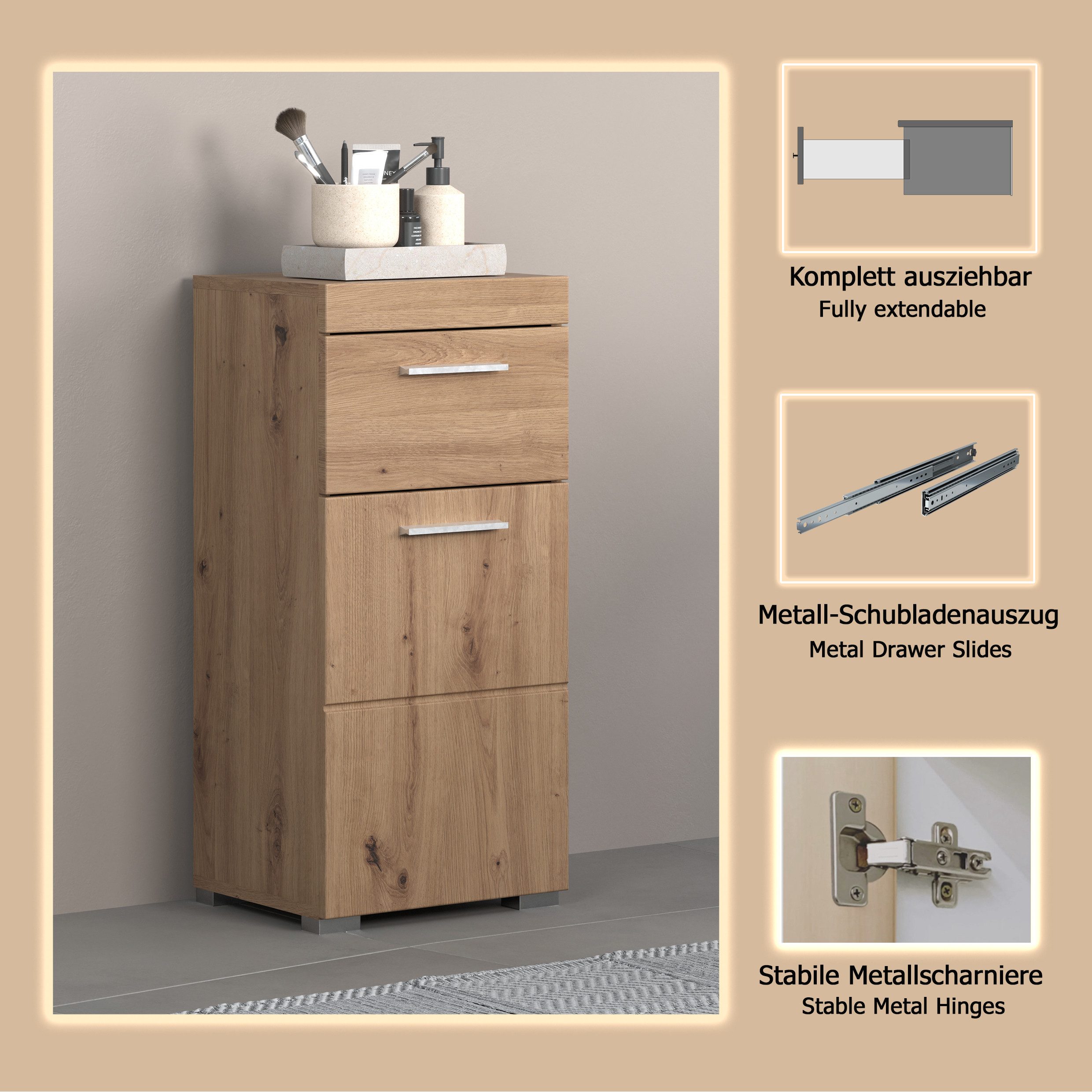 welltime Unterschrank Avena Badezimmerkommode mit 1 Schublade und 1 Tür - Maße (B/T/H) 37/31/79 cm