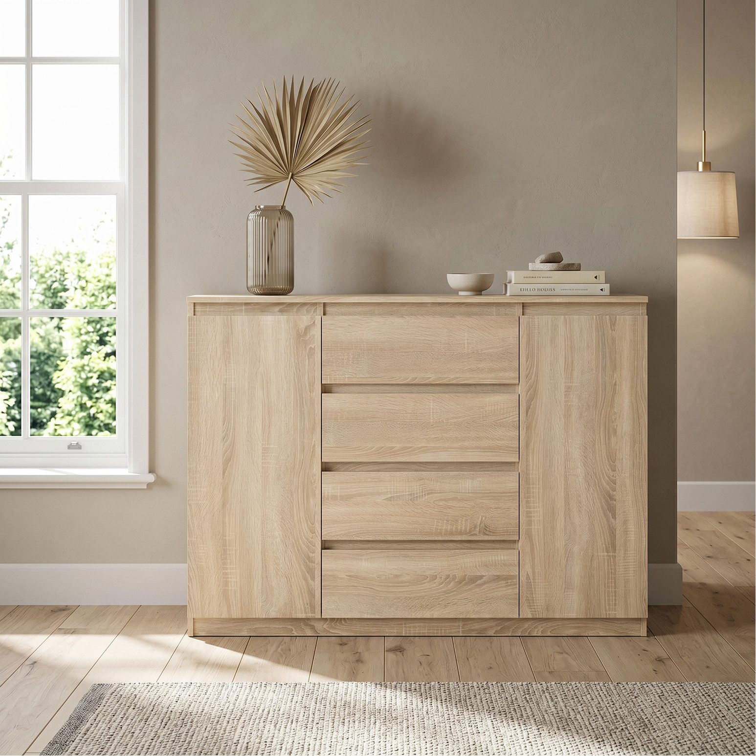 Masseno Kommode NUDO 120 cm Sideboard mit 4 Schubladen und 2 Türen Eiche Sonoma – Bild 4 von 5