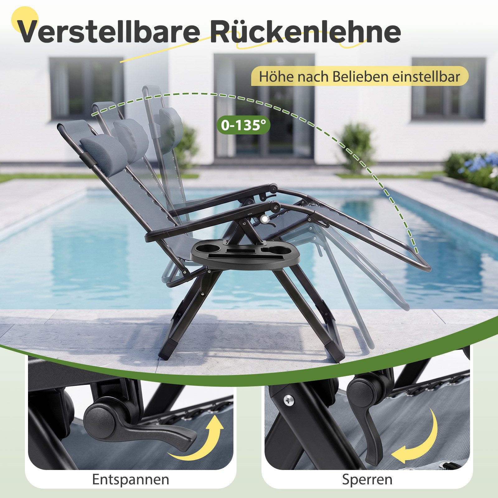Sekey Gartenliege Sonnenliege Klappbar Gepolstert Liegestuhl mit Auflage Getränkehalter, 3-stufig verstellbar, XXL Campingstuhl, 74 cm breite Liegefläche – Bild 3 von 5