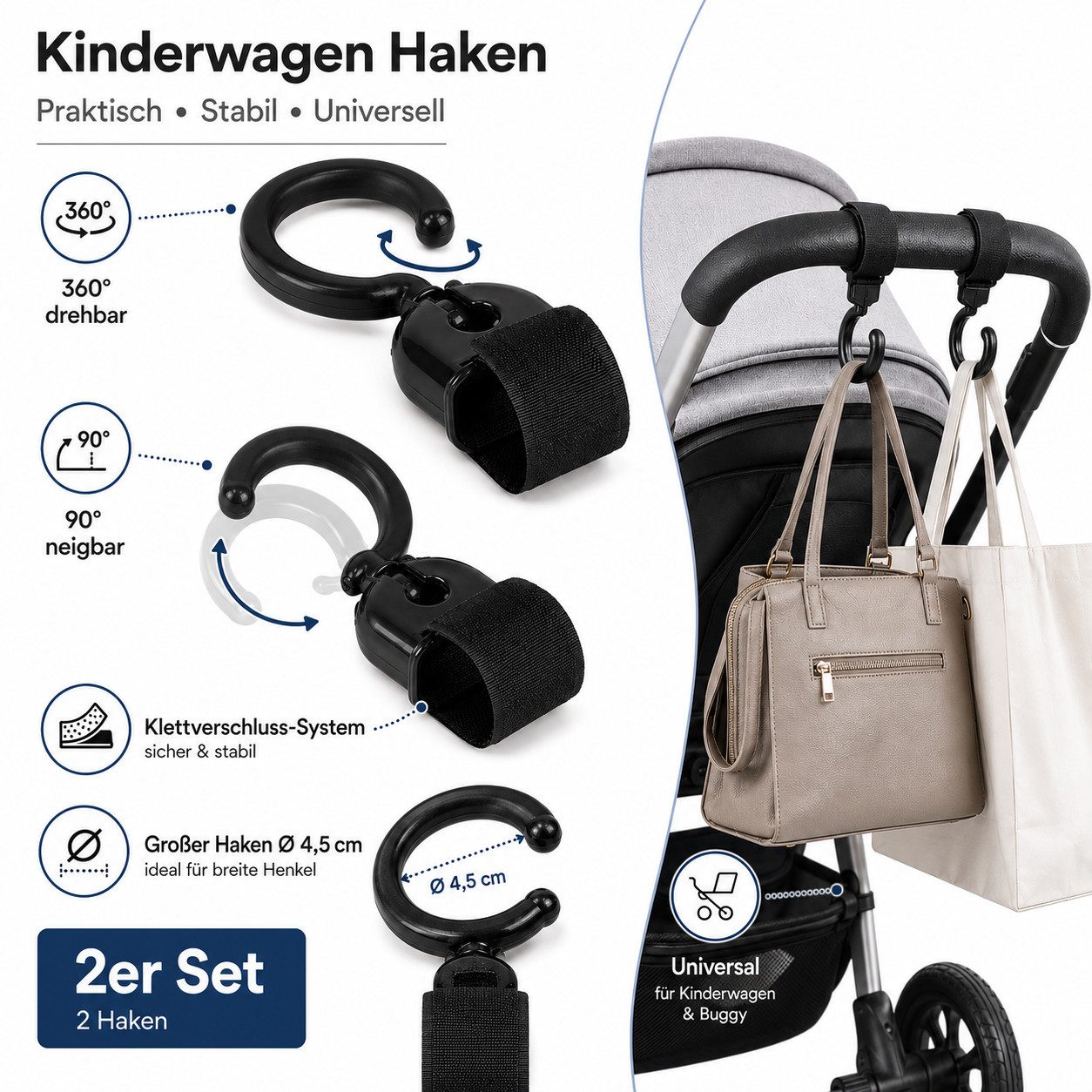 WestCraft Kinderwagen-Tasche Kinderwagenhaken 2er Set, Taschenhalter Hook 360° drehbar, schwarz (2-tlg., 2er-Set), 90° neigbar - stabiles Klettverschluss-System - Universell einsetzbar
