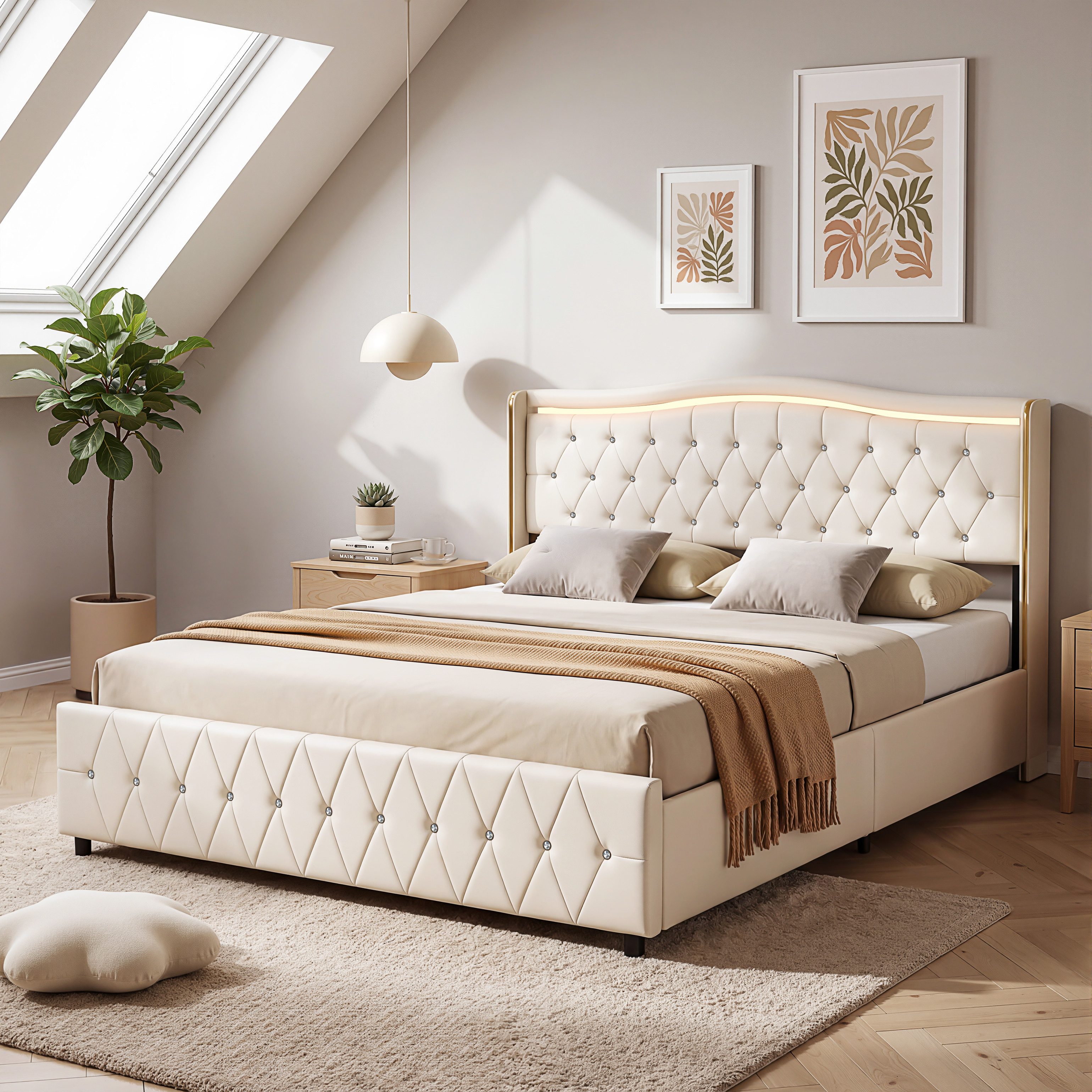 oyajia Polsterbett LED Doppelbett Stauraumbett mit Kopfteil und 4 Schubladen (Mit Lattenrost und Ladefunktion, PU-Leder materia Polsterbett), mit Komforthöhe, Leises Design Bett