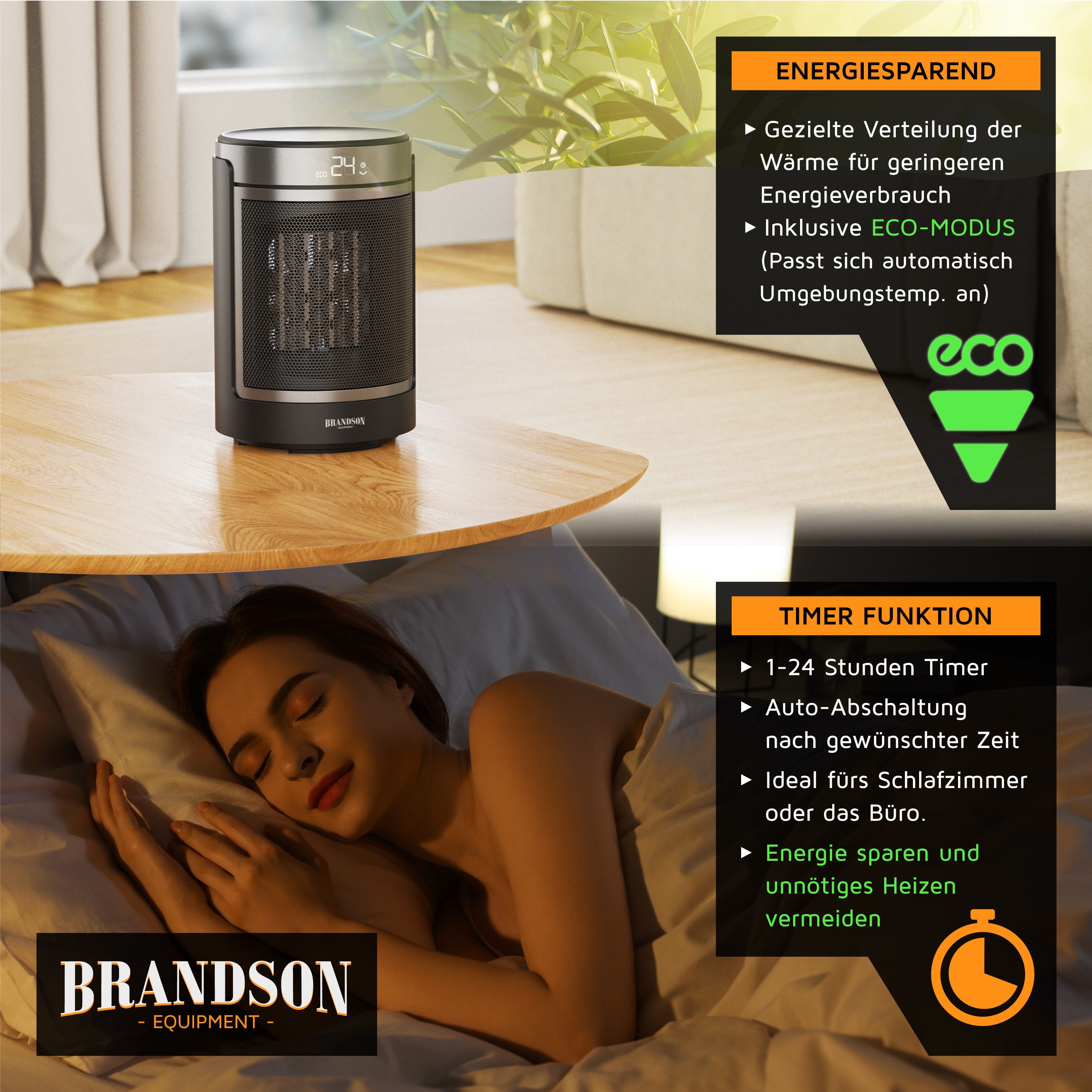 Brandson Keramikheizlüfter Keramik Heizlüfter mit Fernbedienung, Überhitzungs- und Umkippschutz, 1500 W, energiesparend, Badezimmer Heizung, Oszillation, ECO-Mo – Bild 5 von 5