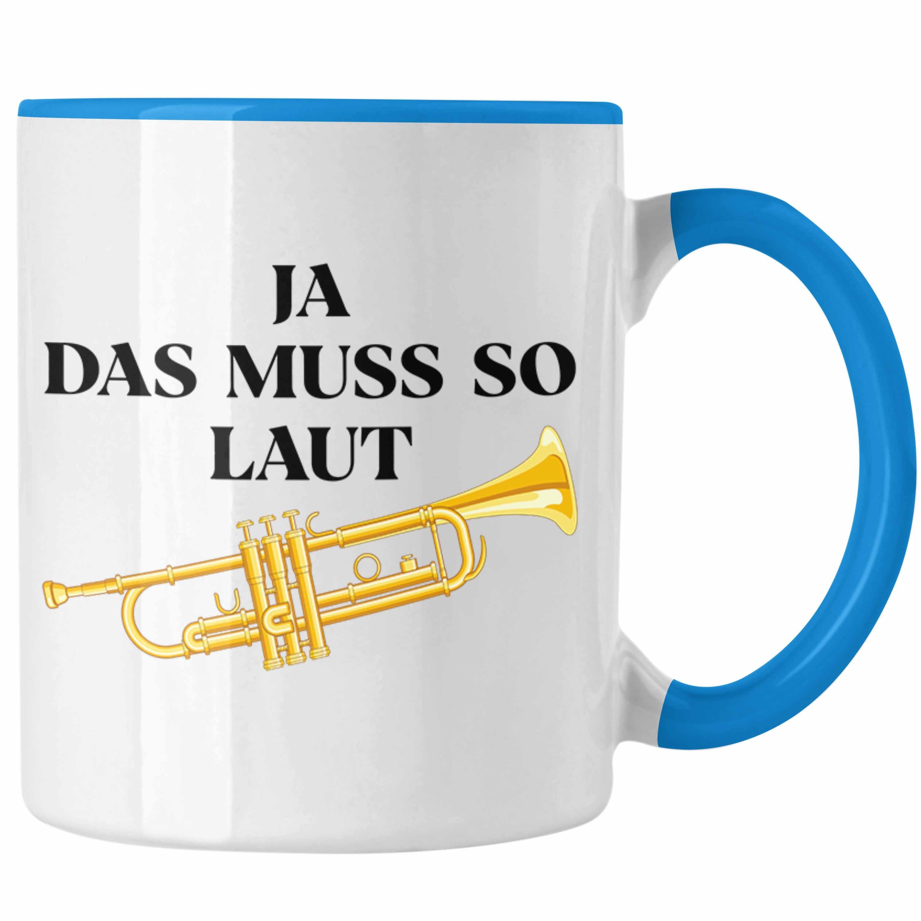 Trendation Tasse Trendation - Trompete Tasse Geschenk für Musiker Trompeten-Spieler Tuten Geschenkidee Lustig Männer Blau