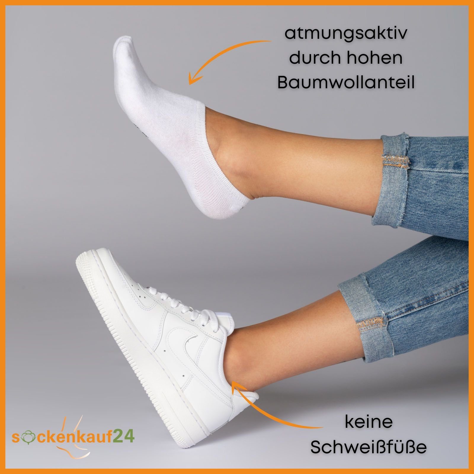sockenkauf24 Sneakersocken 10 Paar Damen & Herren Füßlinge unsichtbare kurze Socken (Weiß, 47-50) mit Silikonpad gegen Verrutschen - 16805 WP