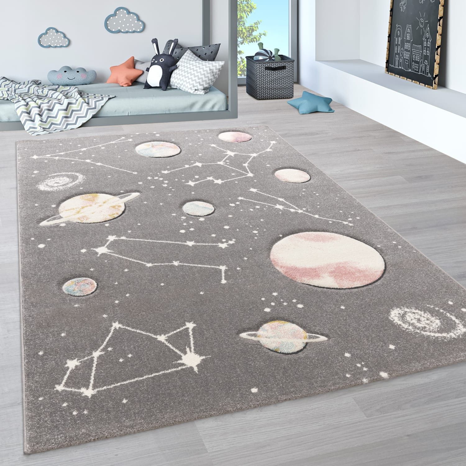KADIMA DESIGN Kinderteppich Weltraum Kinderzimmer schmutzabweisend Teppich Kinder, Rechteckig, Höhe: 17 mm, Florhöhe: 13 mm, 100% Polypropylen, Rechteckig, 80x150cm, Grau