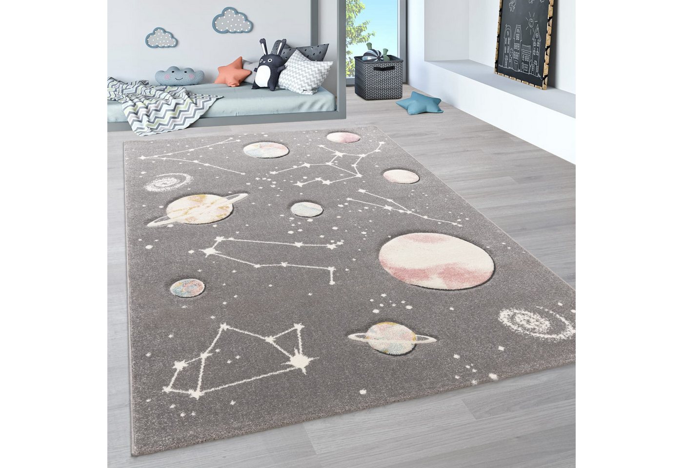 KADIMA DESIGN Kinderteppich Weltraum Kinderzimmer schmutzabweisend Teppich Kinder, Läufer, Höhe: 17 mm, Florhöhe: 13 mm, 100% Polypropylen, Rechteckig, 80x150cm, Grau