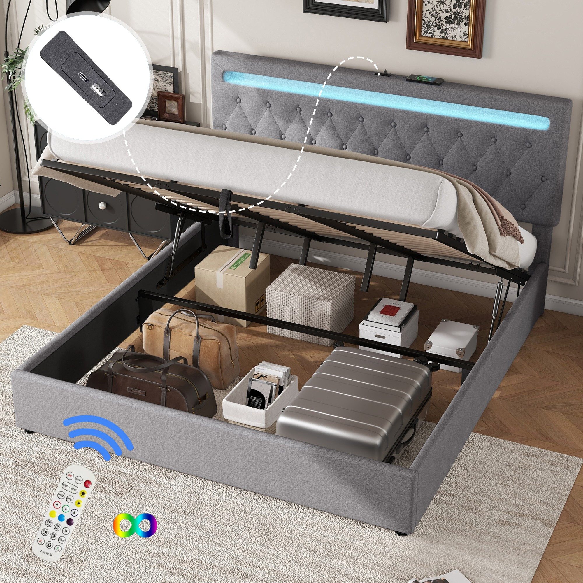 Fanttik Bettgestell Polster-Flachbett mit Hydraulik-LED & günstig online kaufen