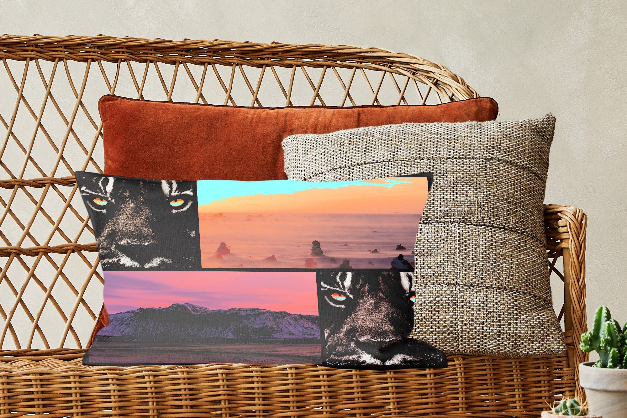 MuchoWow Dekokissen Tiger - Dekokissen - Sonnenuntergang, mit Dekoration, Schlafzimmer - Wohzimmer Füllung, Zierkissen, Natur Collage