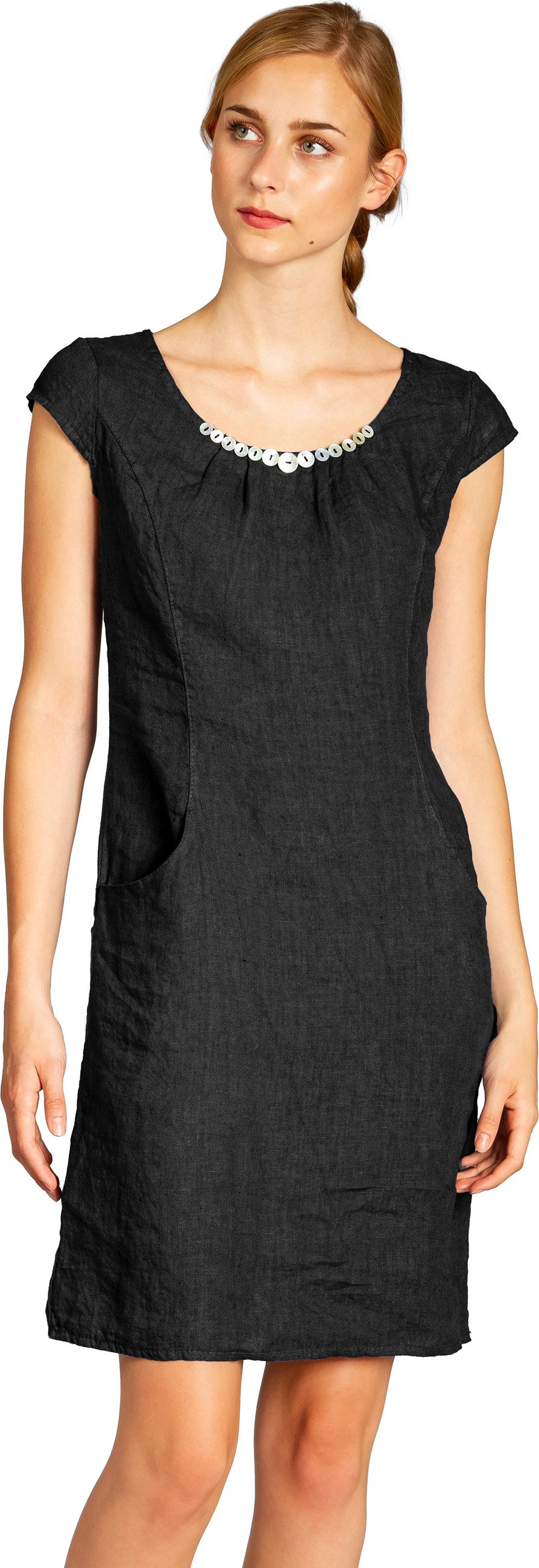 Caspar Sommerkleid SKL018 knielanges Damen Sommer Leinenkleid mit Perlmutt Knöpfe Dekor figurumspielender Schnitt, luftig leicht, angenehm kühlend